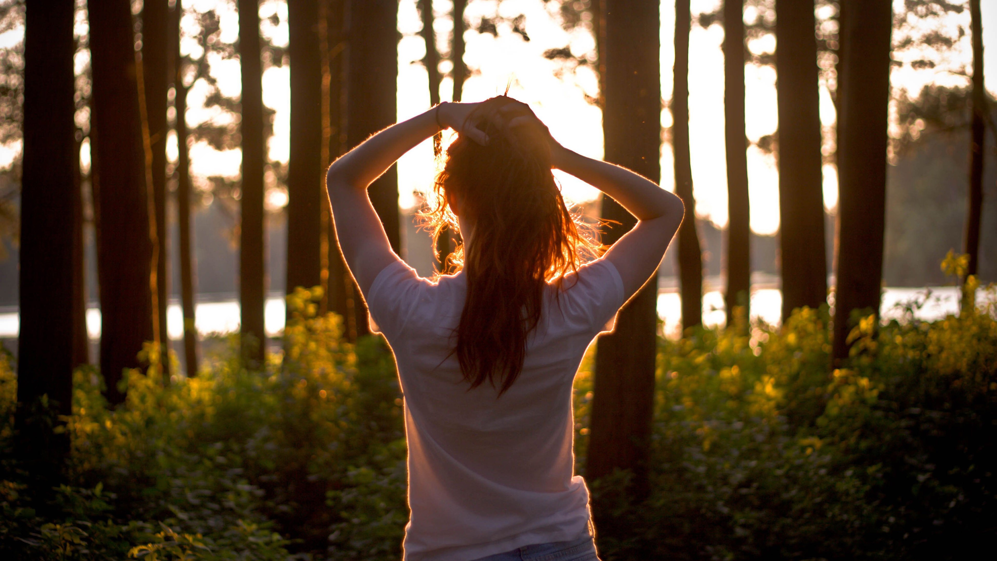 People 3840x2160 women outdoors trees sunlight forest women model T-shirt outdoors arms up back