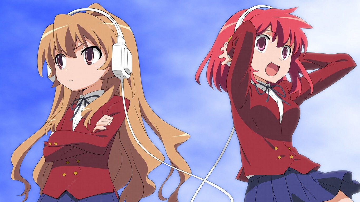 Anime 1366x768 anime Toradora! anime girls blonde headphones redhead two women long hair open mouth