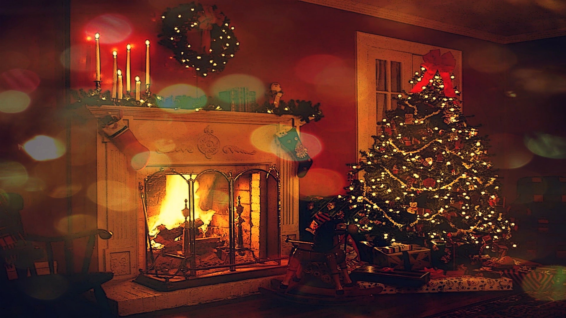 General 1920x1080 atmosphere lights fireplace decorations Christmas Christmas tree