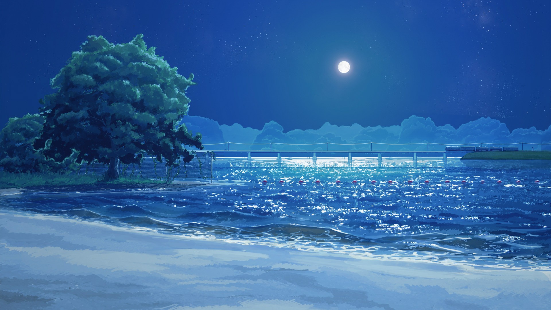 Anime 1920x1080 ArseniXC Everlasting Summer (visual novel) Moon beach sea clouds trees outdoors water anime