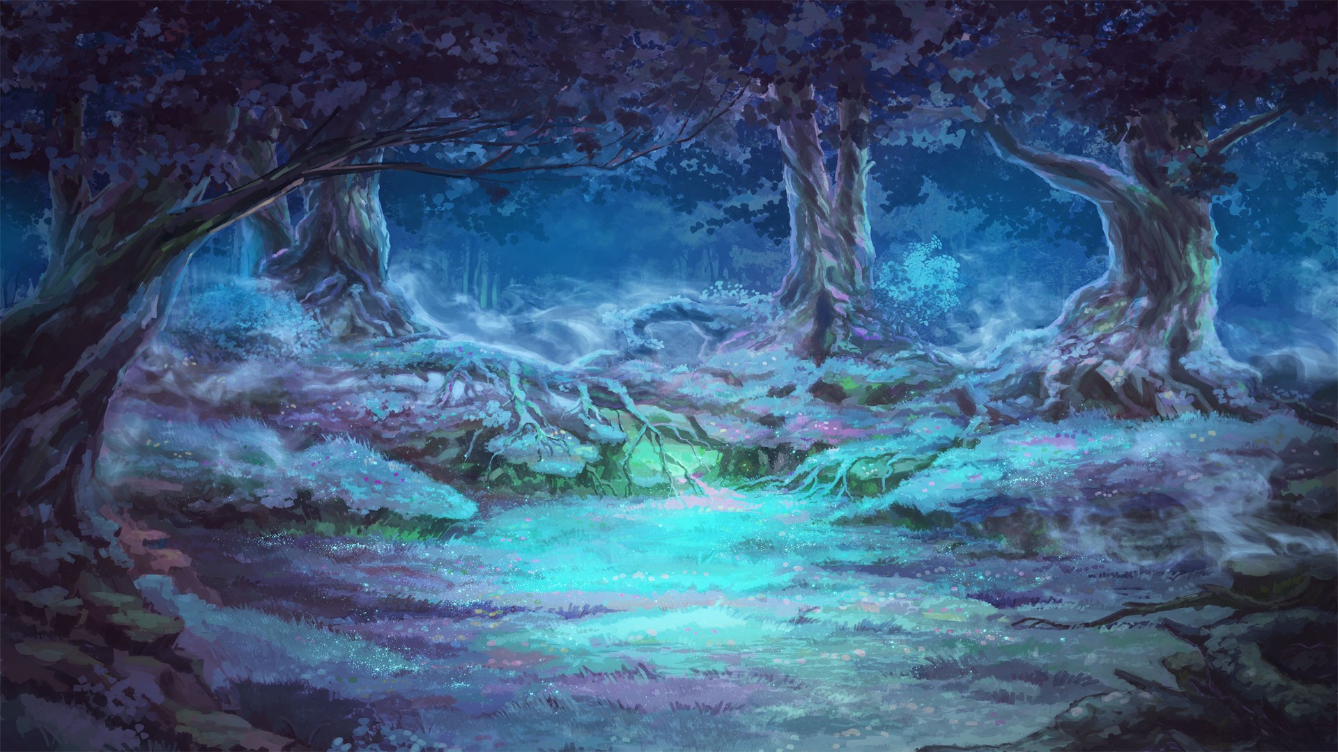 General 1920x1080 forest clearing night mist Everlasting Summer (visual novel) cyan artwork anime nature trees