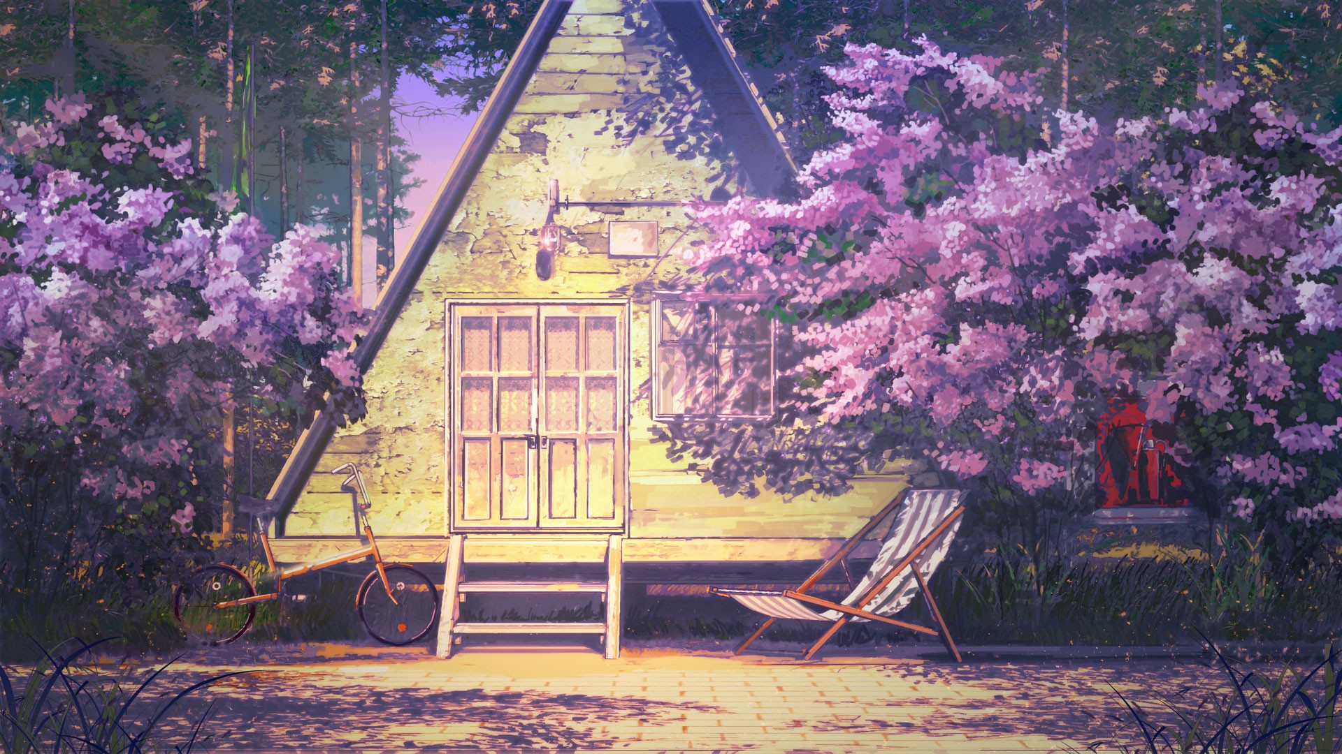 General 1920x1080 Everlasting Summer (visual novel) bicycle red purple triangle hammocks ArseniXC frontal view anime vehicle trees chair house