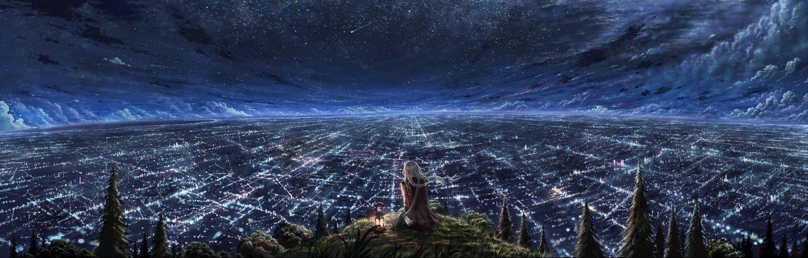 General 2697x862 anime anime girls artwork C_o_l_a cityscape city lights night sky