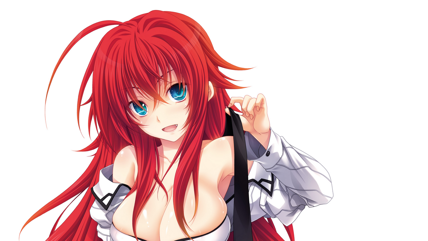 Anime 1366x768 anime girls High School DxD Gremory Rias anime boobs big boobs blue eyes redhead open mouth simple background white background looking at viewer cleavage