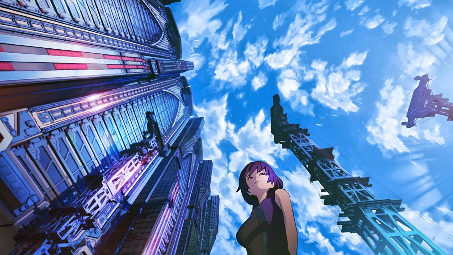 General 1920x1080 anime girls anime purple hair city worm's eye view fantasy art