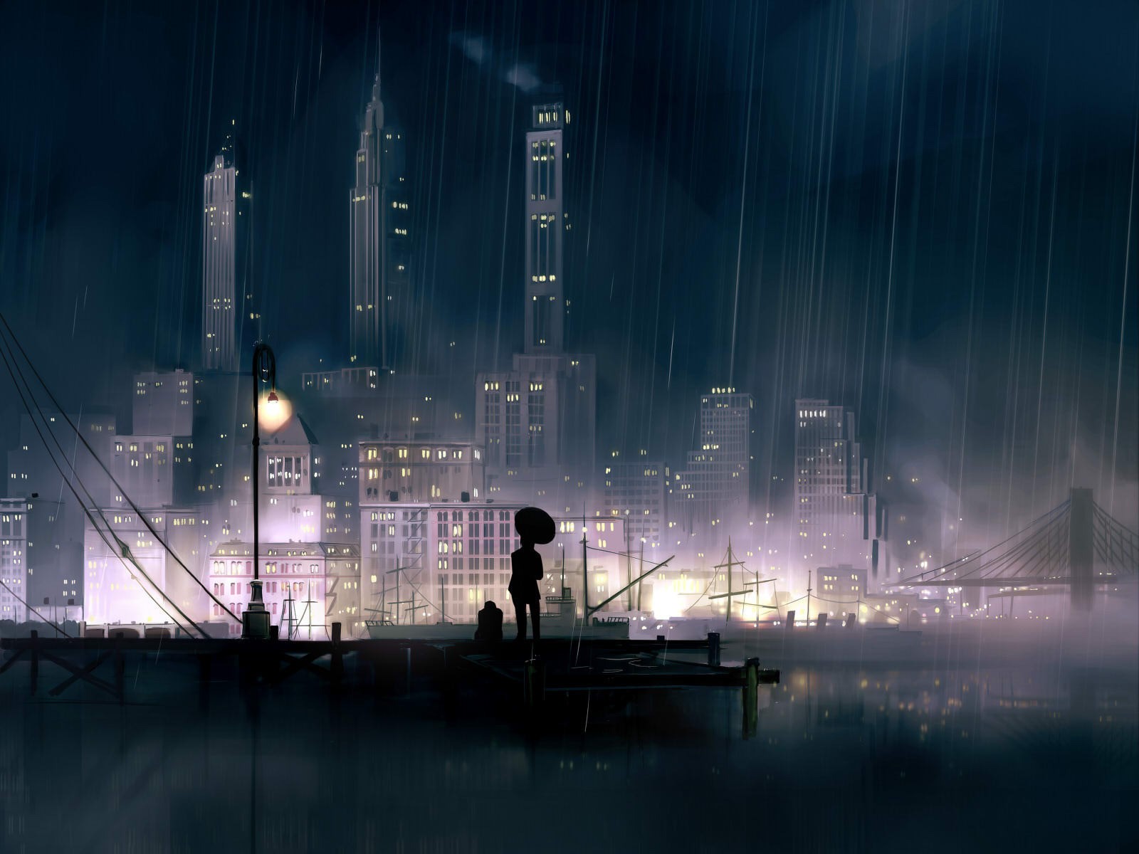 Anime 1600x1200 anime girls city night rain anime cityscape