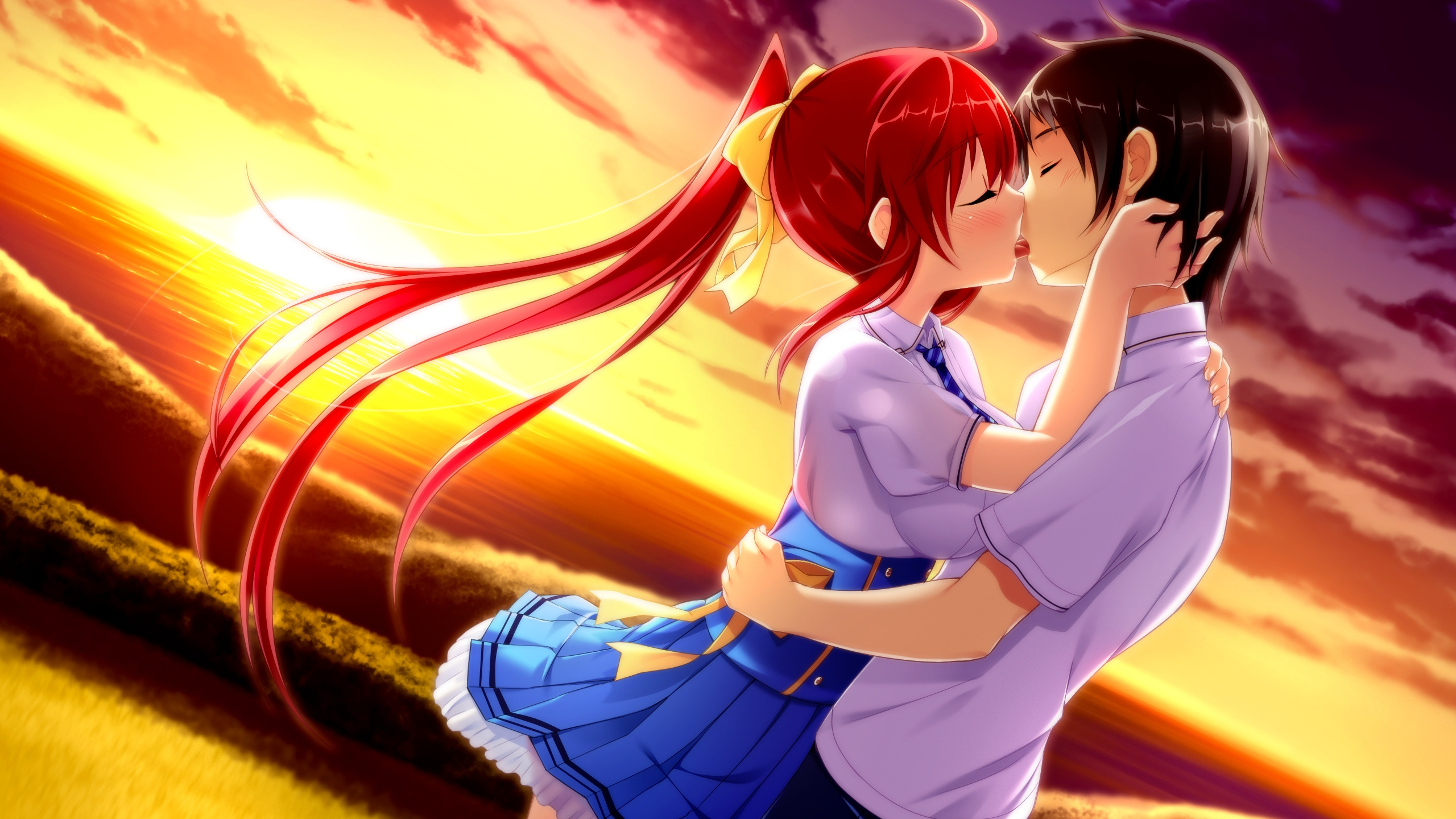 Love Each Other Anime Couple Kissing With The Sun Behind Them Backgrounds