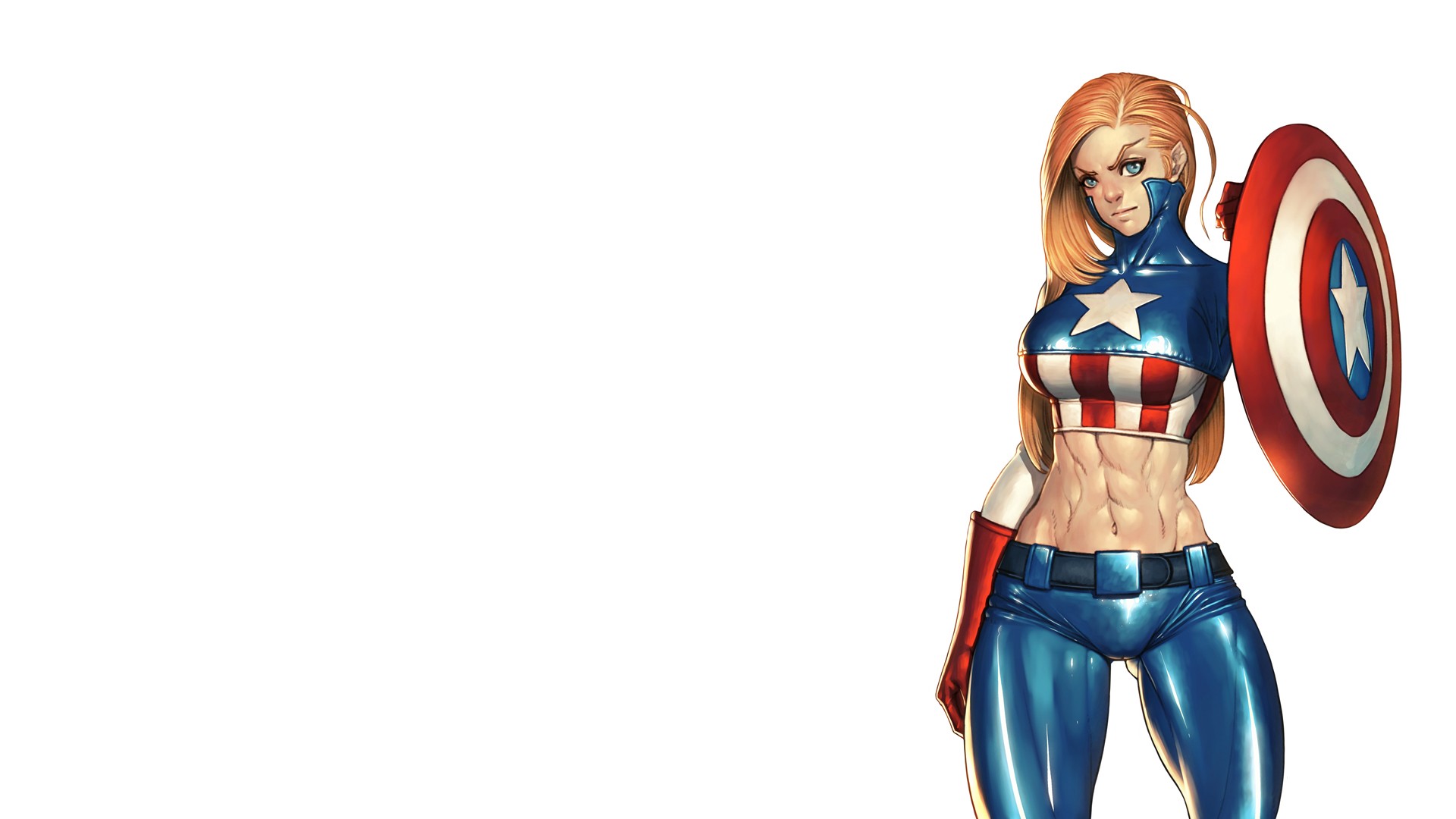 Anime 1920x1080 Kyoungseok Oh Captain America anime girls anime white background superheroines big boobs spandex shield simple background blue eyes abs women standing boobs angry gloves muscular
