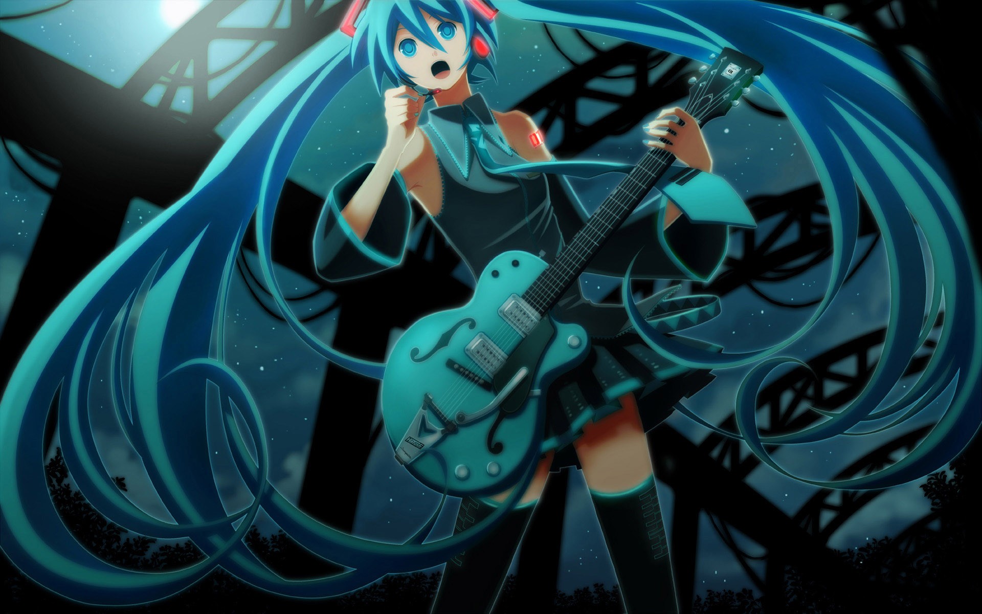 Anime 1920x1200 Vocaloid Hatsune Miku guitar anime girls anime musical instrument stockings open mouth blue eyes blue hair long hair standing
