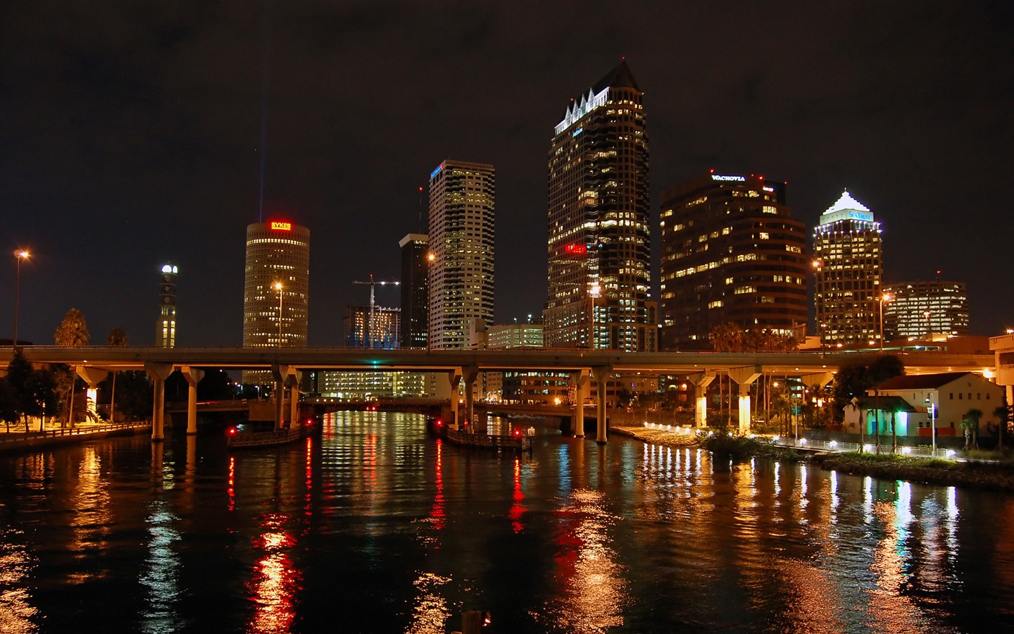 General 1440x900 cityscape building bridge lights river reflection Tampa Florida USA city lights night