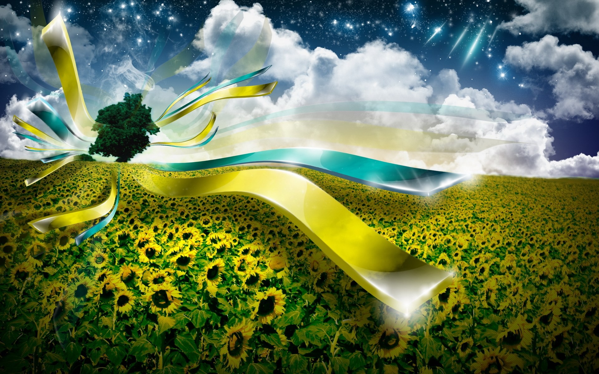 General 1920x1200 digital art sunflowers field sky stars flowers plants clouds Ukraine