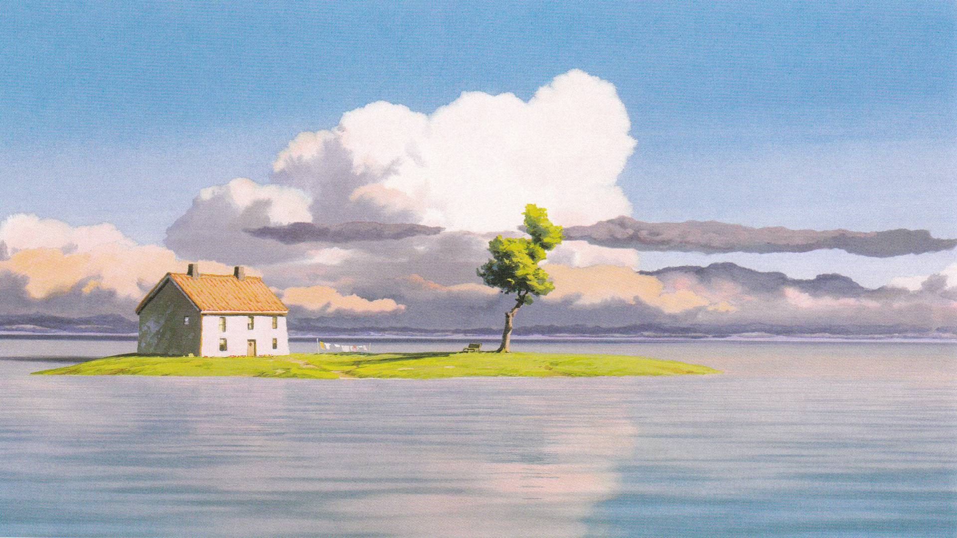 General 1920x1080 island house painting artwork sky trees clouds