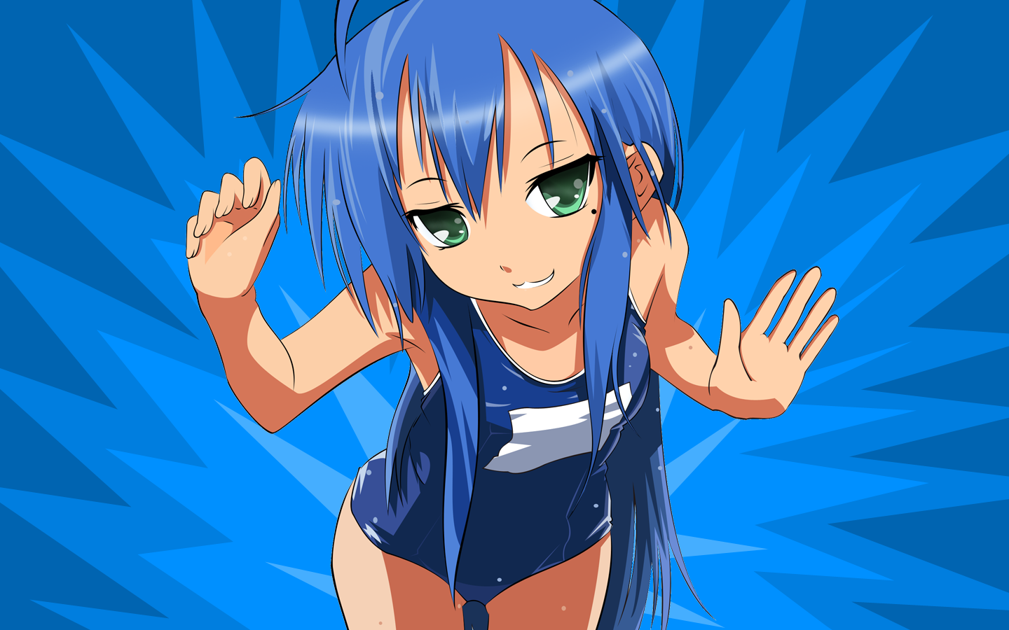 Anime 1440x900 anime girls anime Lucky Star blue hair one-piece swimsuit swimwear green eyes smiling blue background looking at viewer long hair school swimsuits