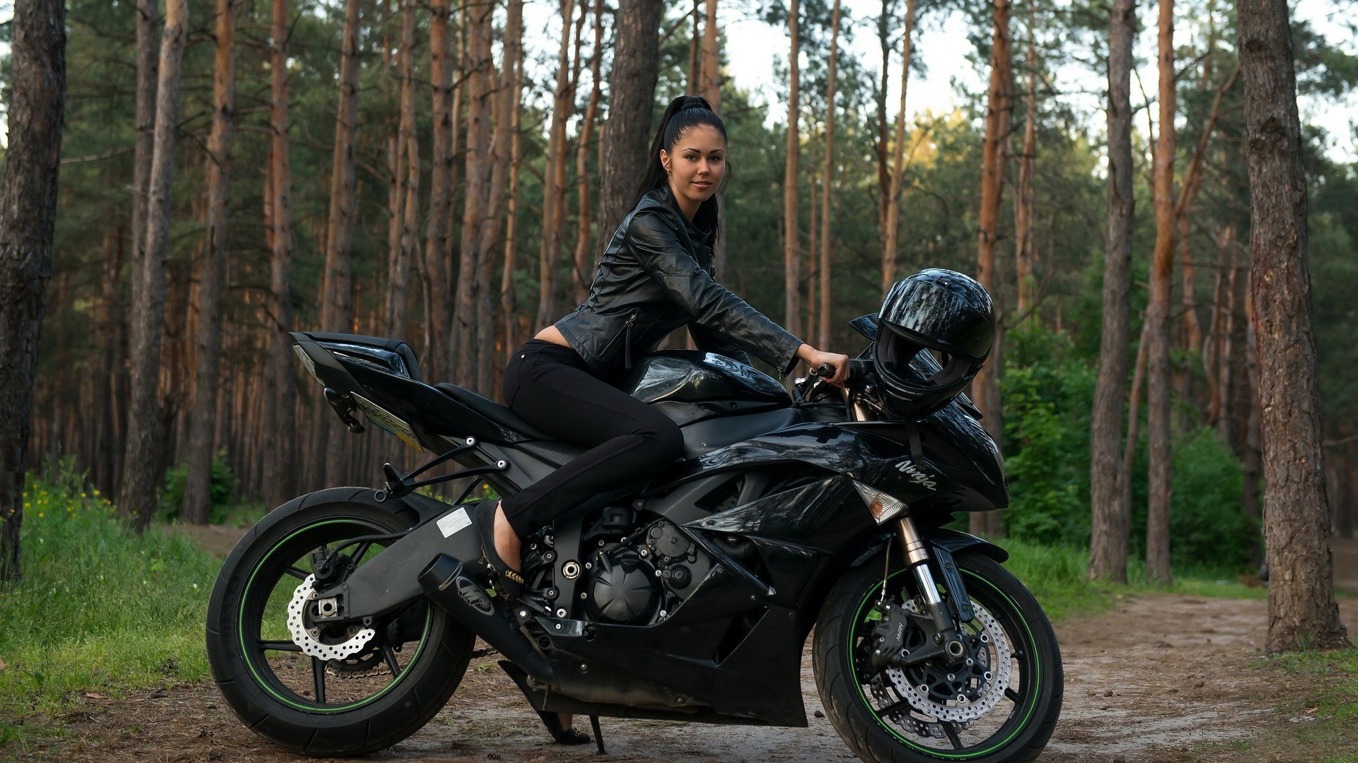 People 1920x1080 motorcycle Kawasaki ninja Macy B black hair MetArt women with motorcycles women women outdoors Ukrainian women vehicle black motorcycles