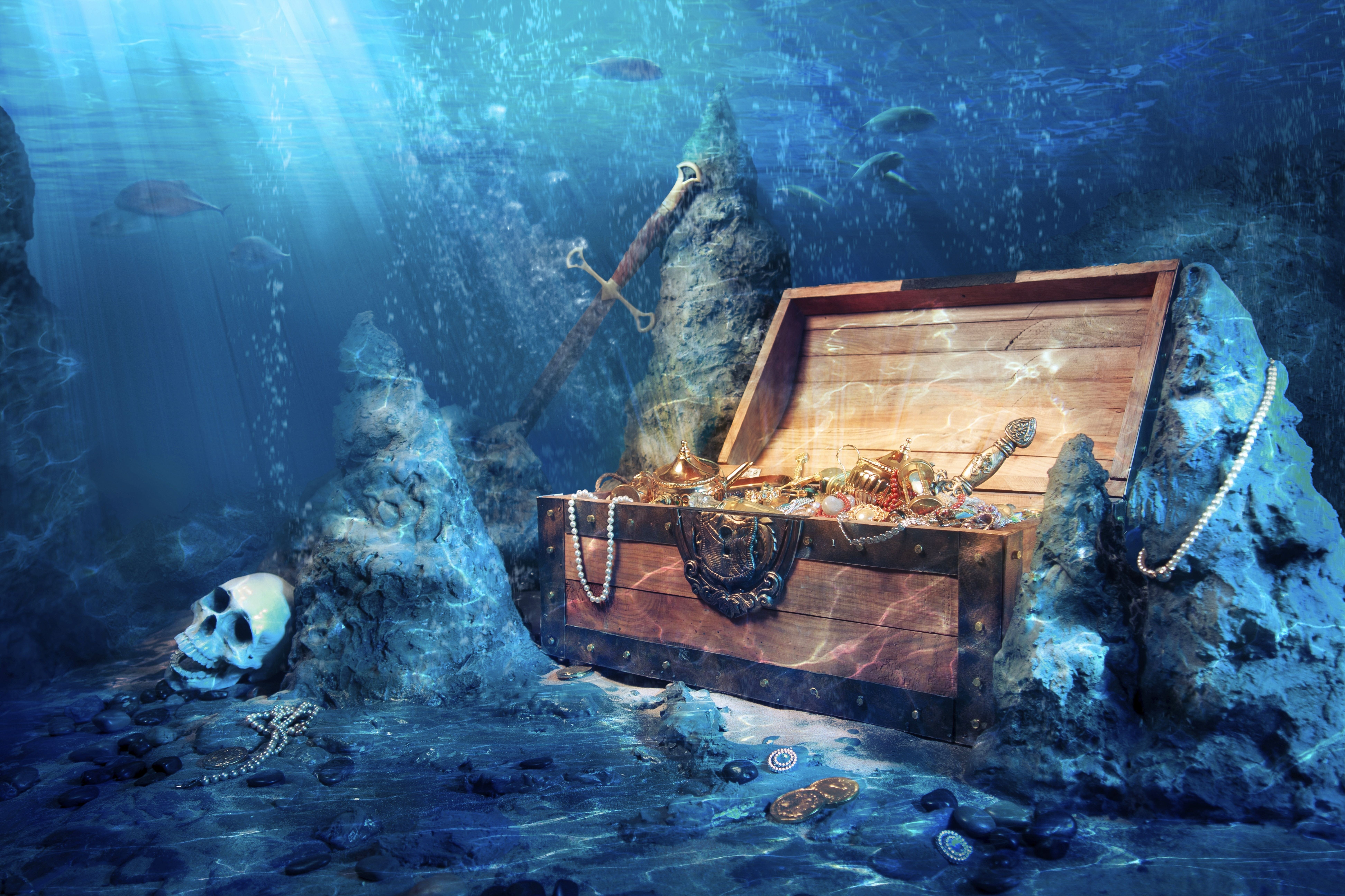 General 7776x5184 fantasy art pirates treasure skull underwater fish animals