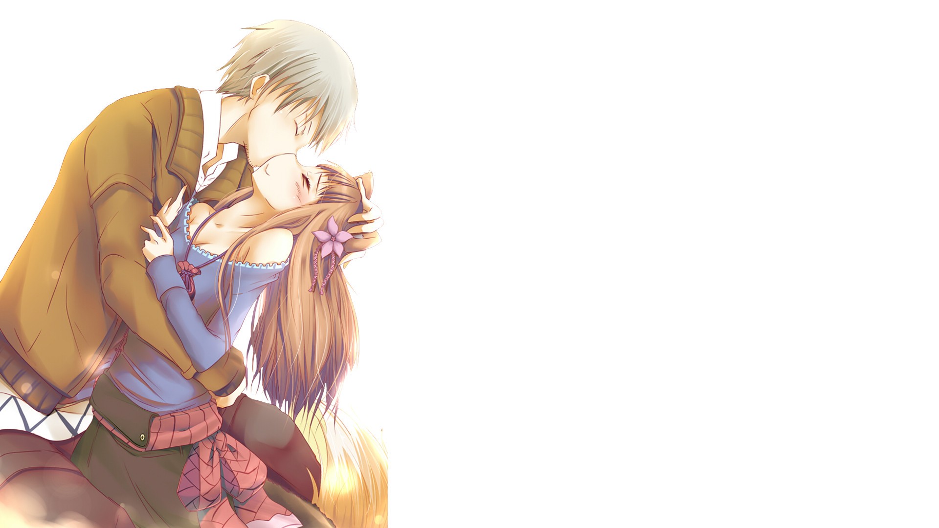 Anime 1920x1080 Spice and Wolf Holo (Spice and Wolf) kissing Lawrence Kraft wolf girls anime boys anime girls anime love couple simple background white background brunette long hair