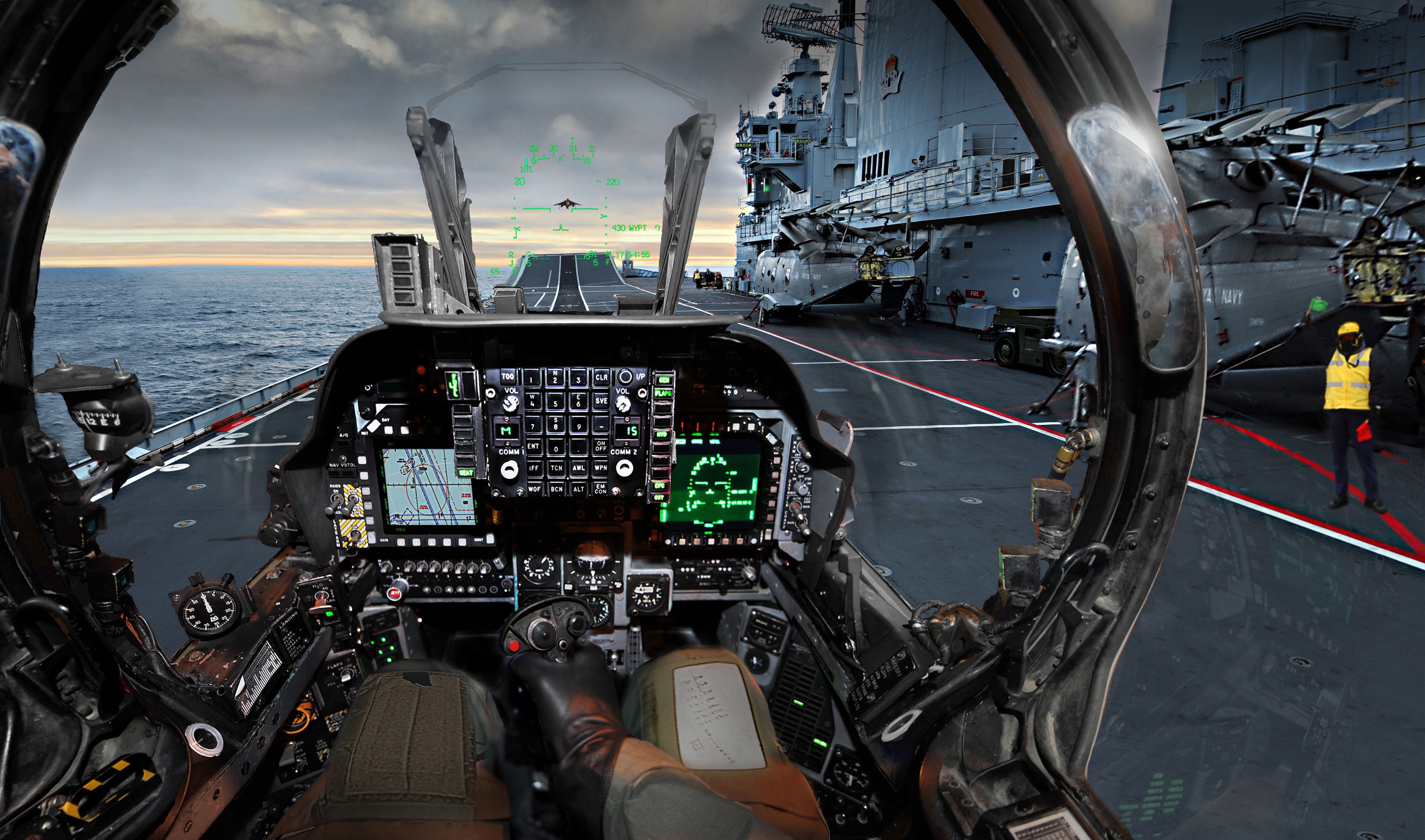 General 3600x2122 cockpit helicopters aircraft military aircraft AV-8B Harrier II vehicle POV Royal Navy Harrier American aircraft British aircraft military military vehicle water interior technology pilot sky clouds