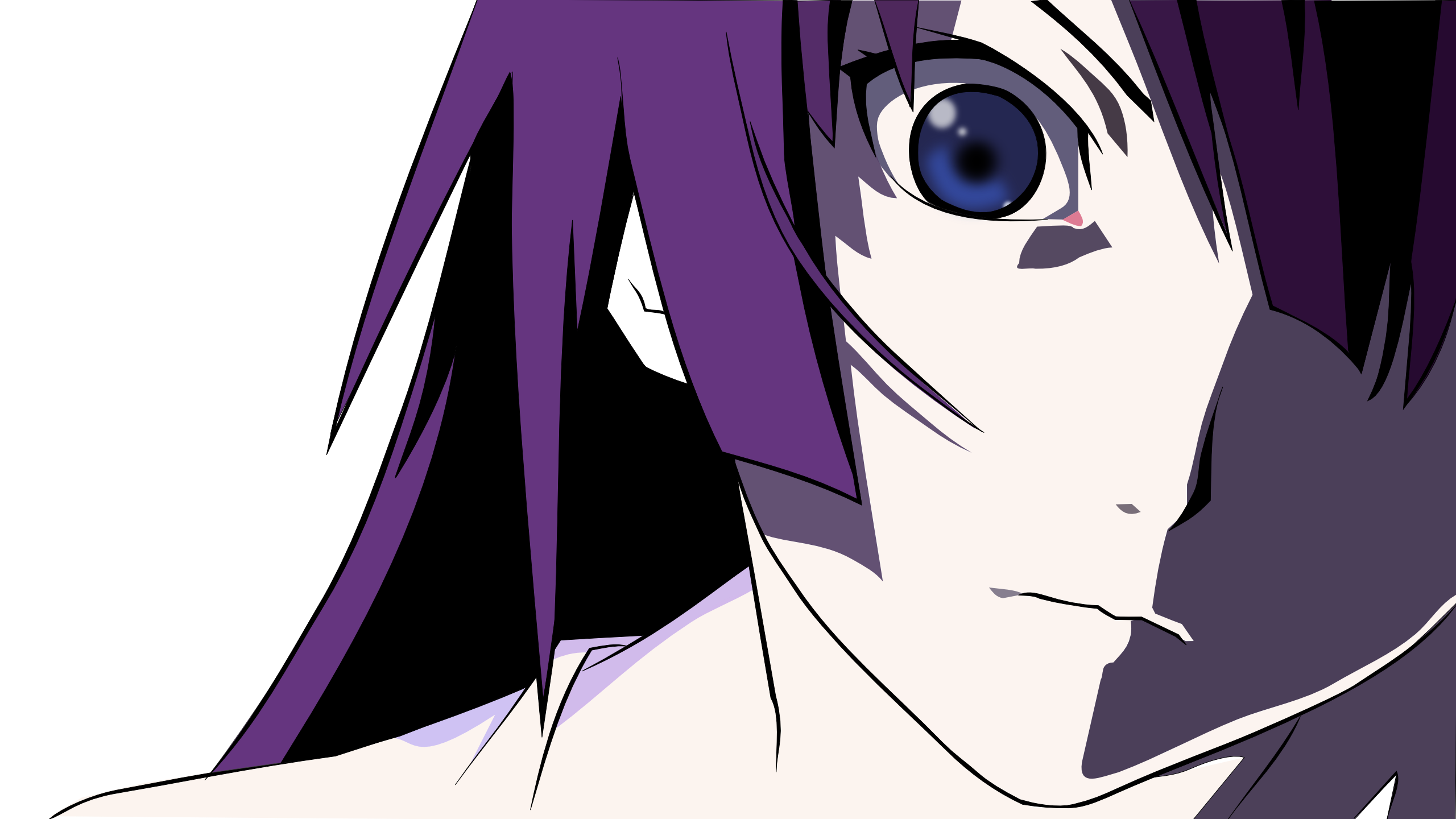 Anime 2560x1440 Senjougahara Hitagi anime girls anime face purple hair blue eyes closeup simple background black background looking at viewer