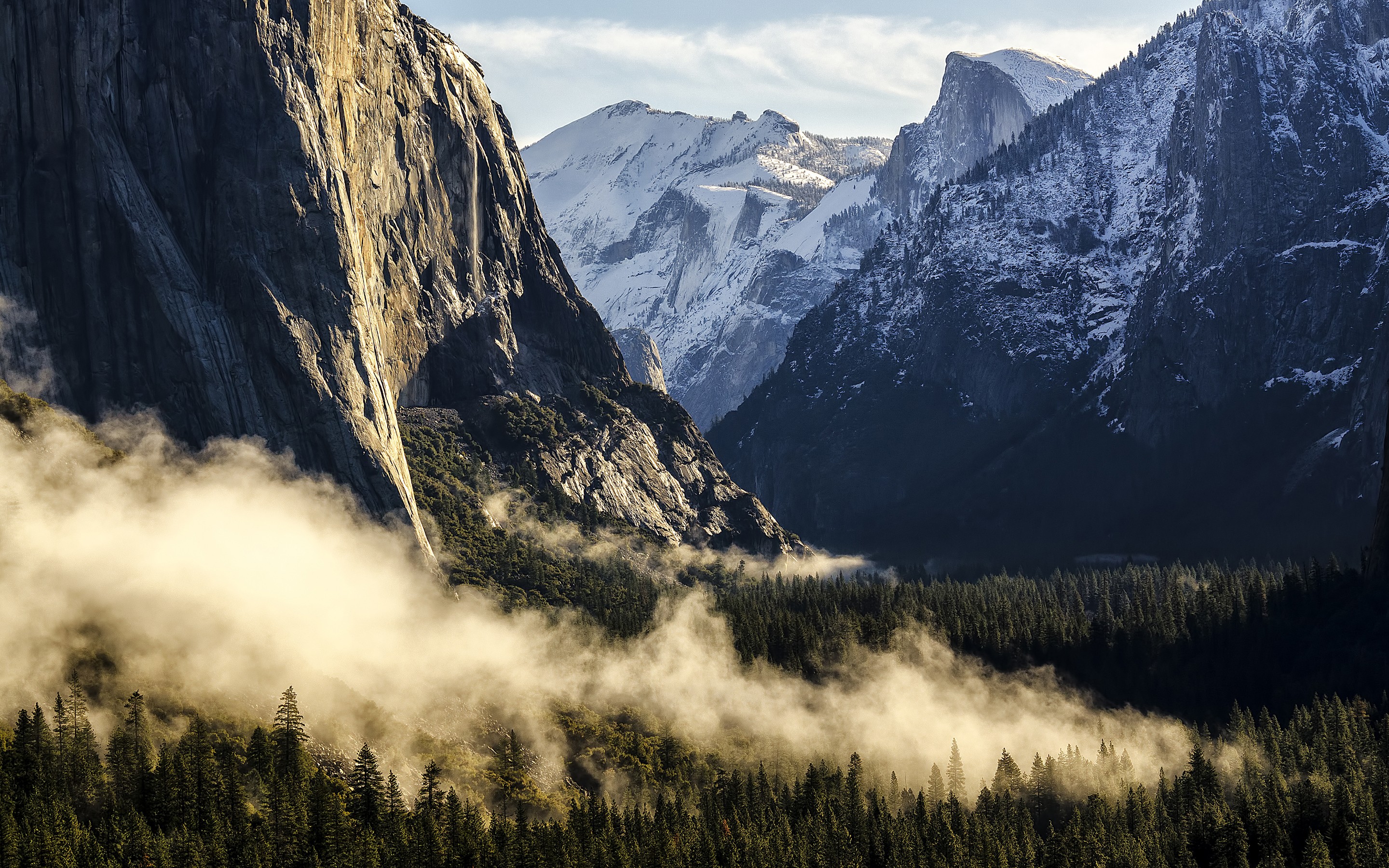 General 2880x1800 Yosemite National Park mountains mist forest morning nature landscape USA