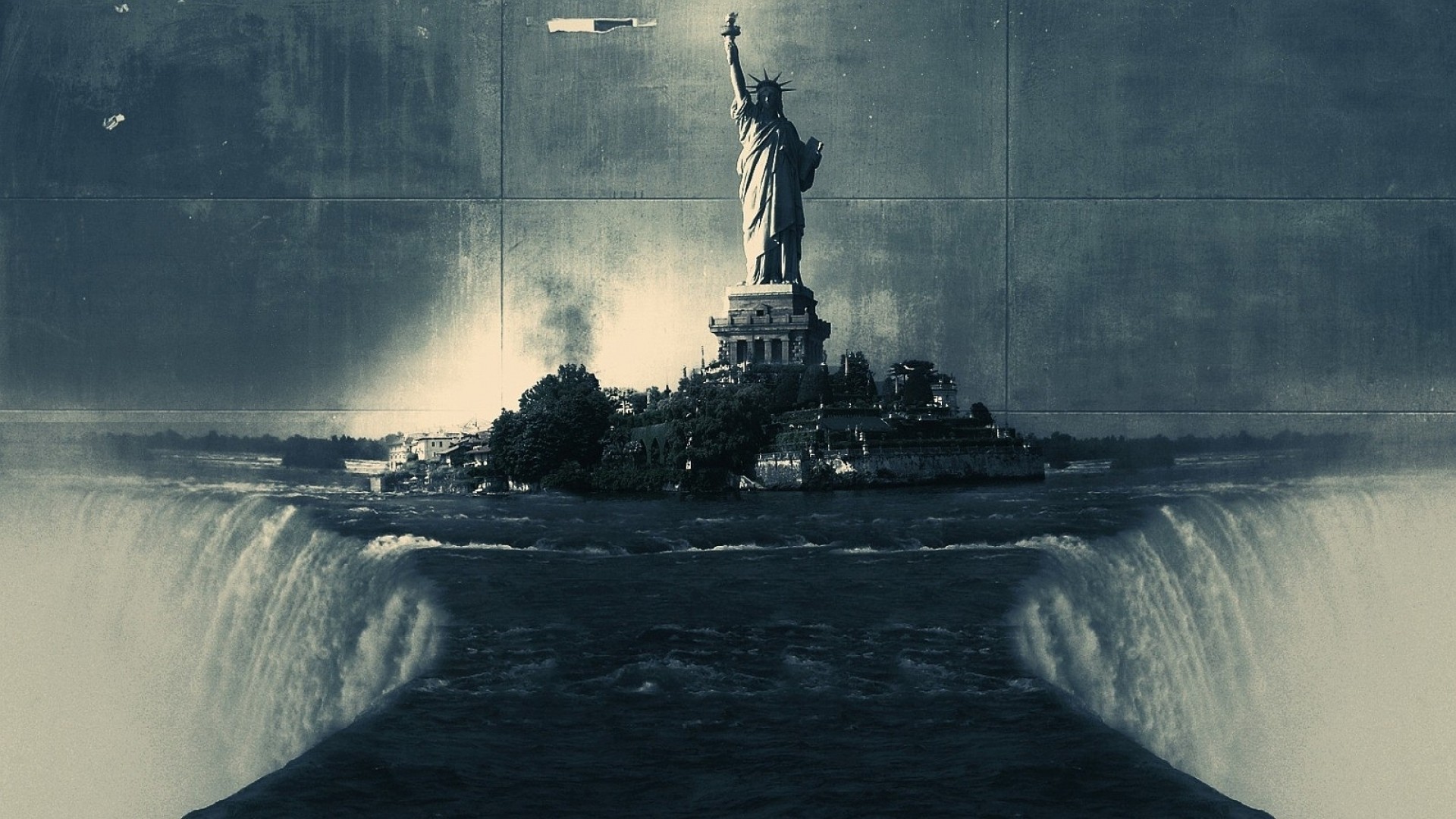 General 1920x1080 digital art waterfall statue water Statue of Liberty