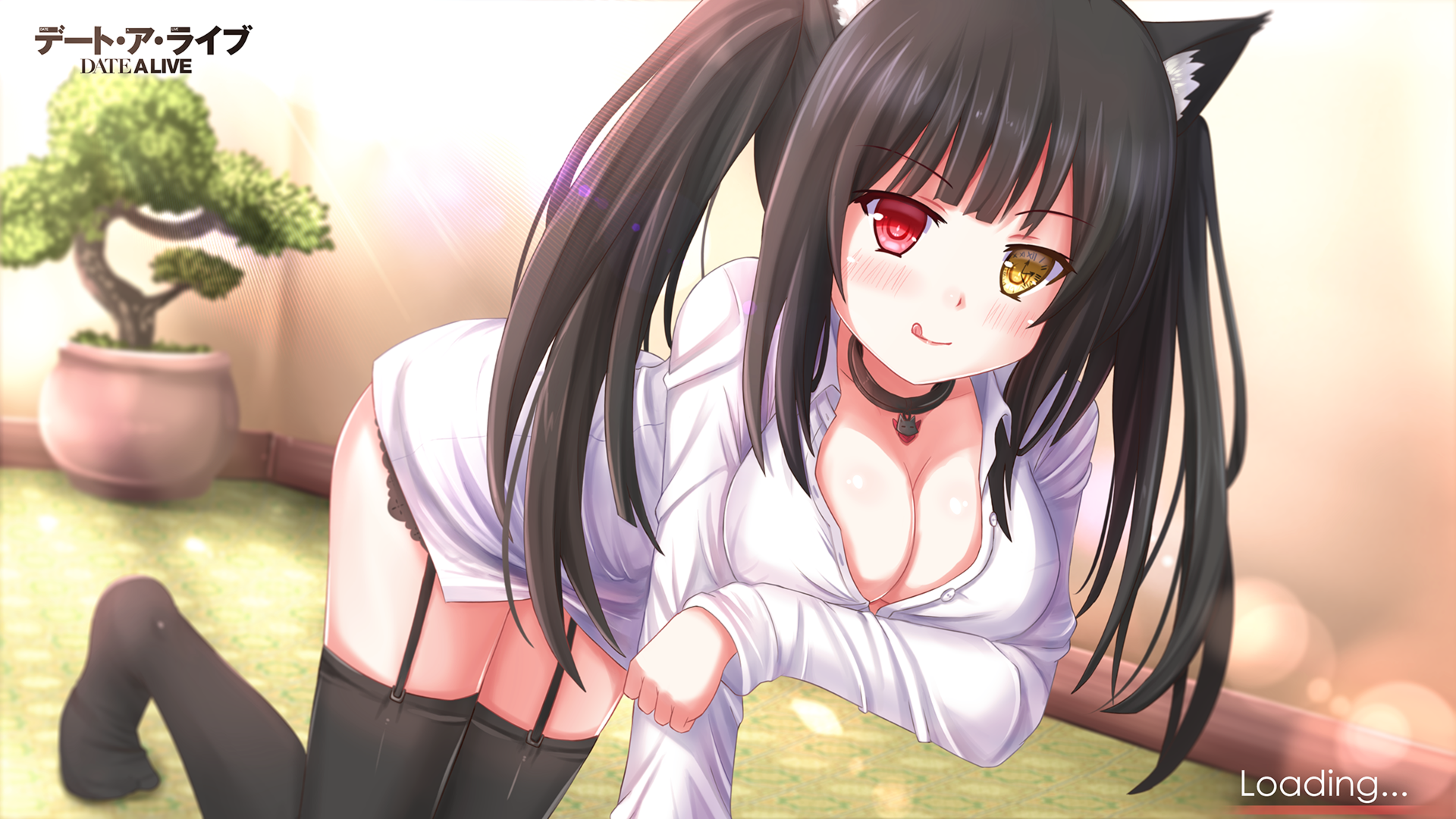 Anime 1920x1080 anime girls Tokisaki Kurumi Date A Live animal ears heterochromia cleavage necklace big boobs kneeling stockings boobs bent over tongues tongue out dark hair long hair legs together black stockings
