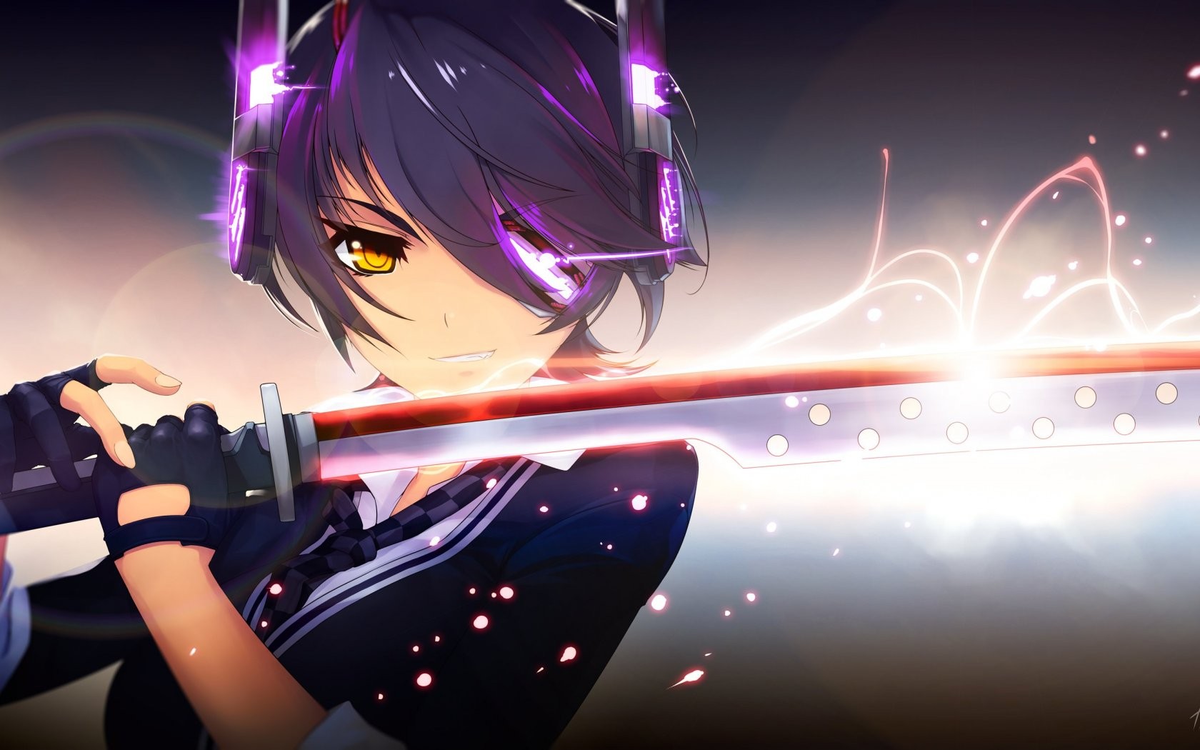 Anime 1680x1050 anime girls anime katana yellow eyes weapon women with swords purple hair hair over one eye