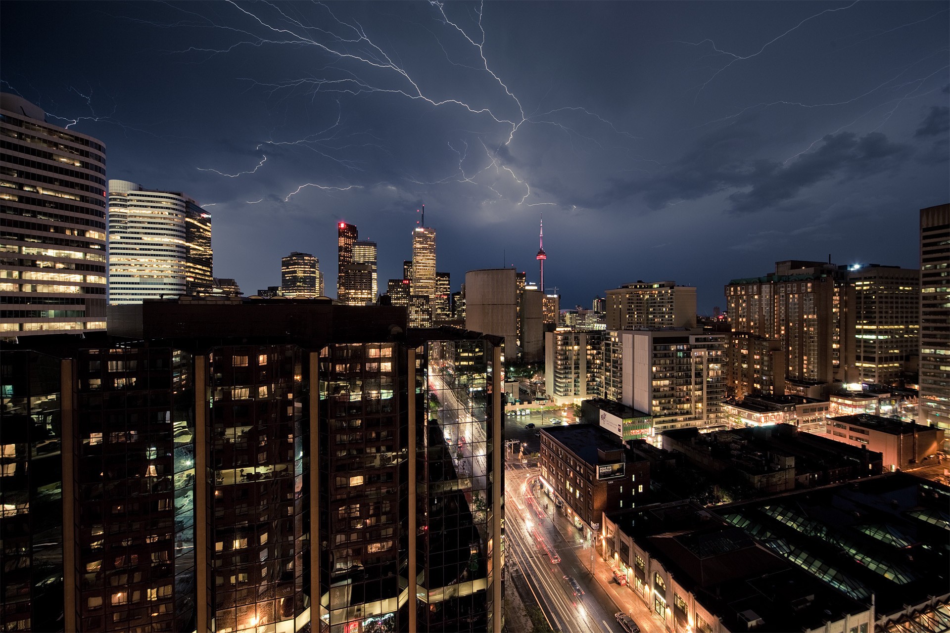 General 1920x1280 cityscape Toronto night sky storm CN Tower low light