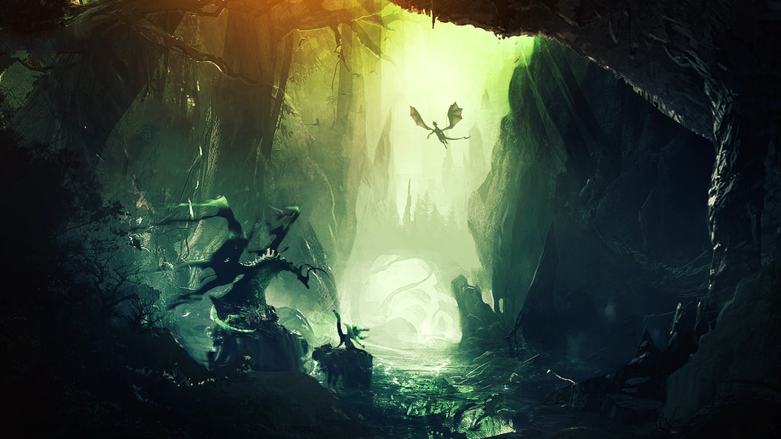 General 2560x1440 artwork fantasy art digital art dragon forest mountains wings creature