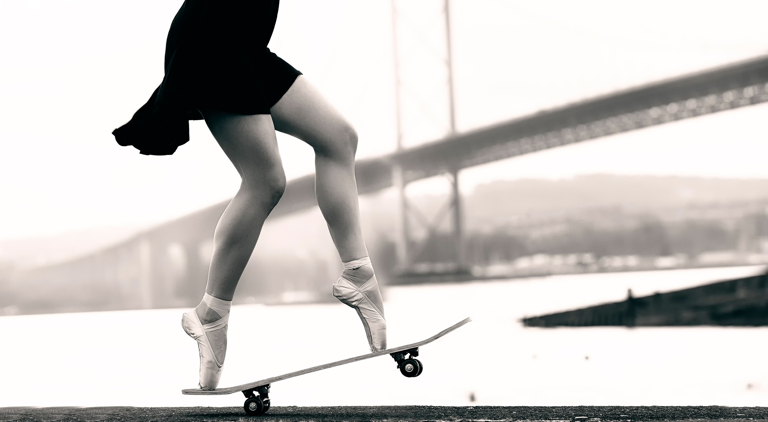 ballerina, women, women outdoors, legs, monochrome, skateboard, ballet slippers, bridge, tiptoe Wallpaper - wallhaven.cc