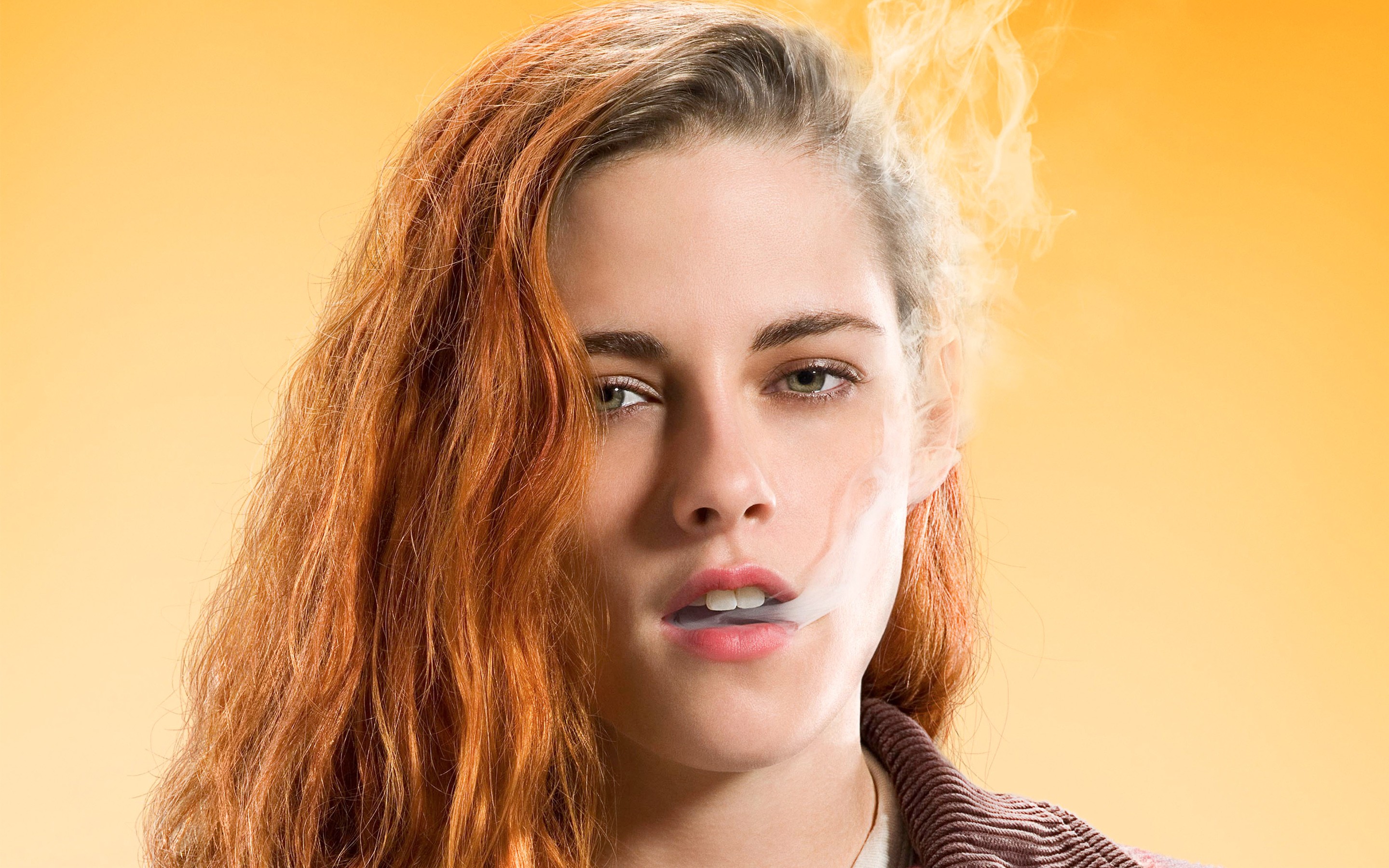 People 2880x1800 smoking Kristen Stewart actress face smoke yellow background gradient simple background women indoors indoors women