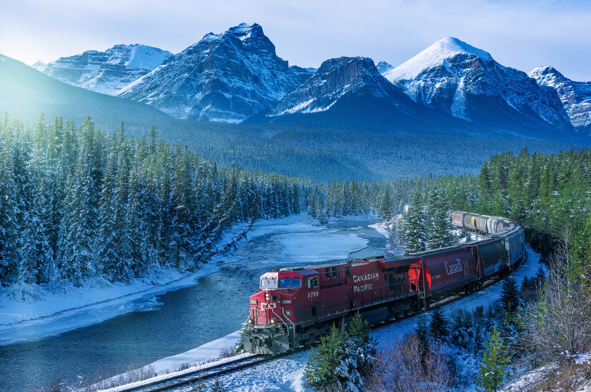 General 2048x1360 train Canada landscape mountains trees snow snowy peak forest railway river ice Rocky Mountains vehicle nature outdoors cold numbers Canadian Pacific Railway