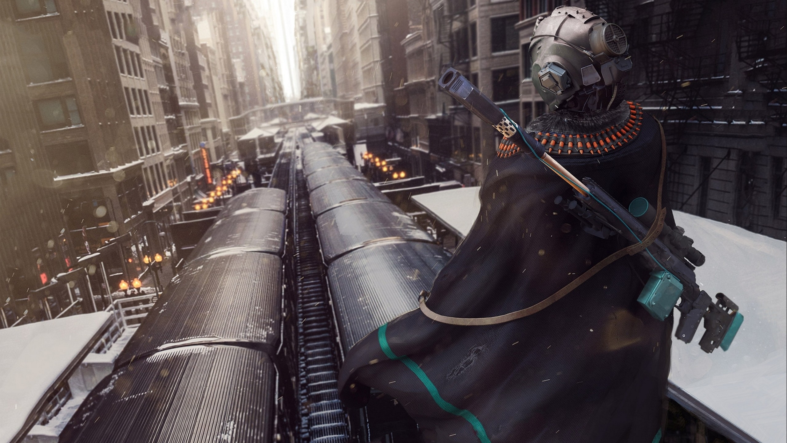 General 2560x1440 artwork digital art soldier city train sniper rifle cyberpunk cyborg androids robot