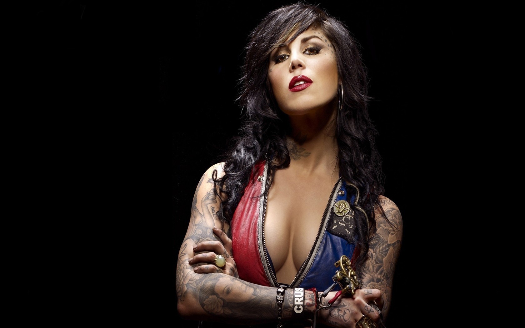 People 1680x1050 Kat Von D women tattoo face portrait boobs inked girls black background cleavage simple background red lipstick arms crossed looking at viewer women indoors studio