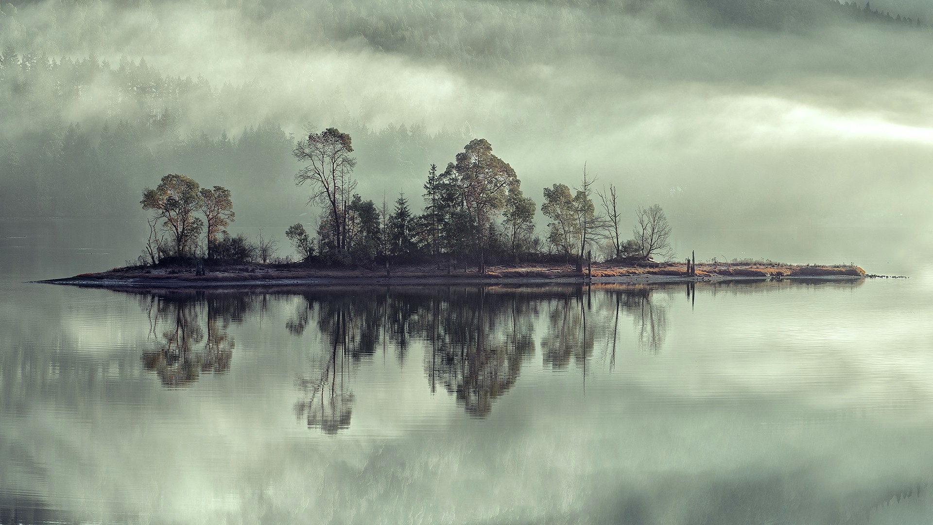 General 1920x1080 nature landscape trees mist forest water lake island clouds reflection