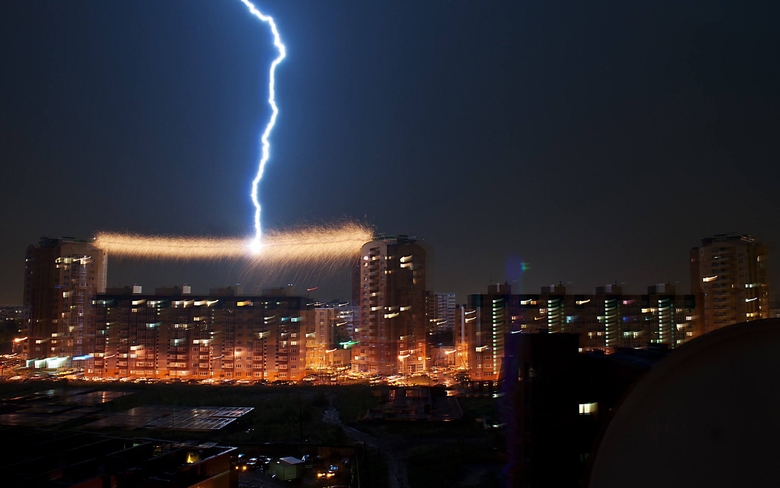 General 2560x1600 lightning cityscape electricity building wires sparks city lights storm sky night