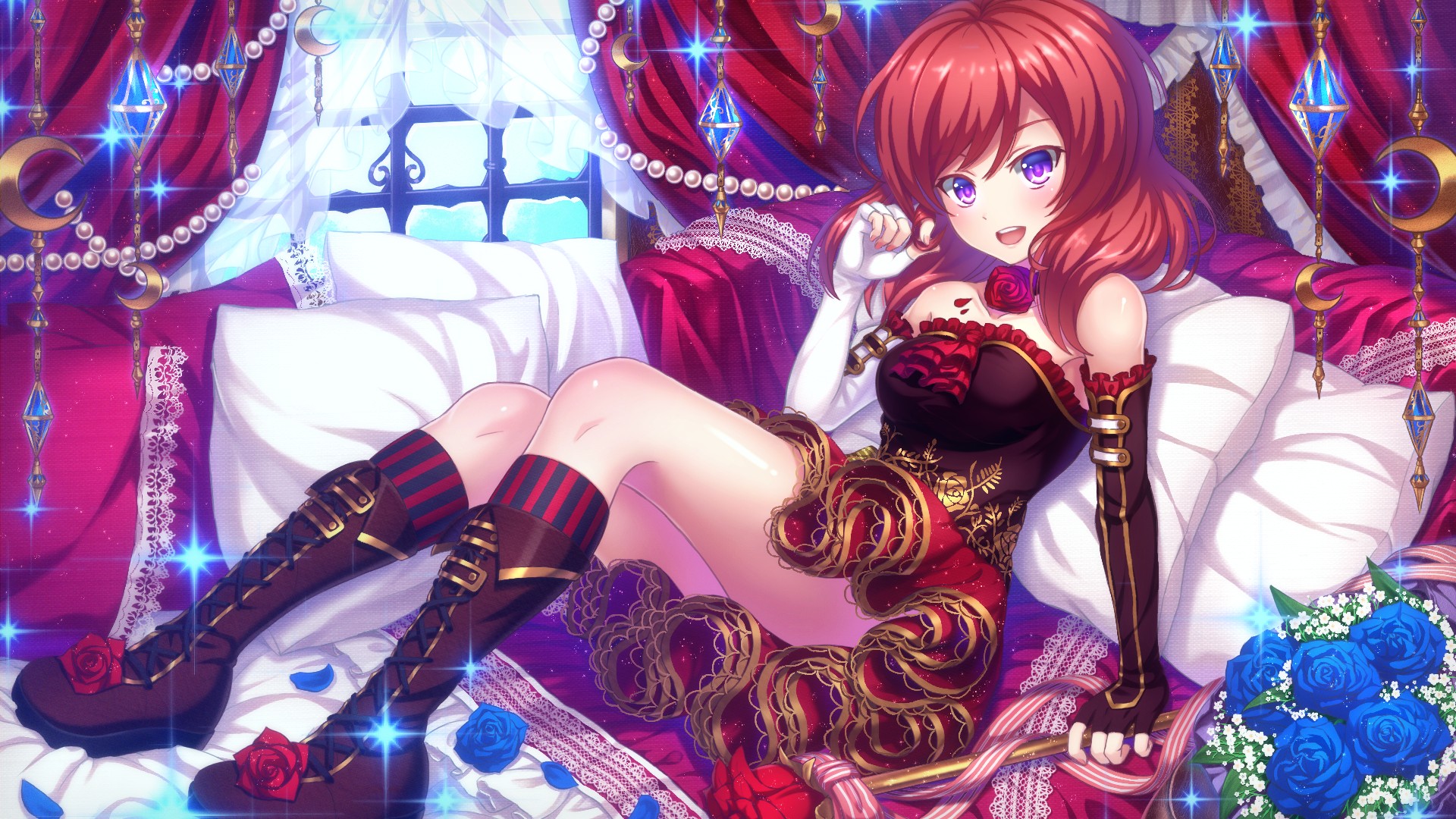 Anime 1920x1080 anime Nishikino Maki anime girls Love Live! dress Kaina women indoors redhead purple eyes open mouth boots in bed bed looking at viewer
