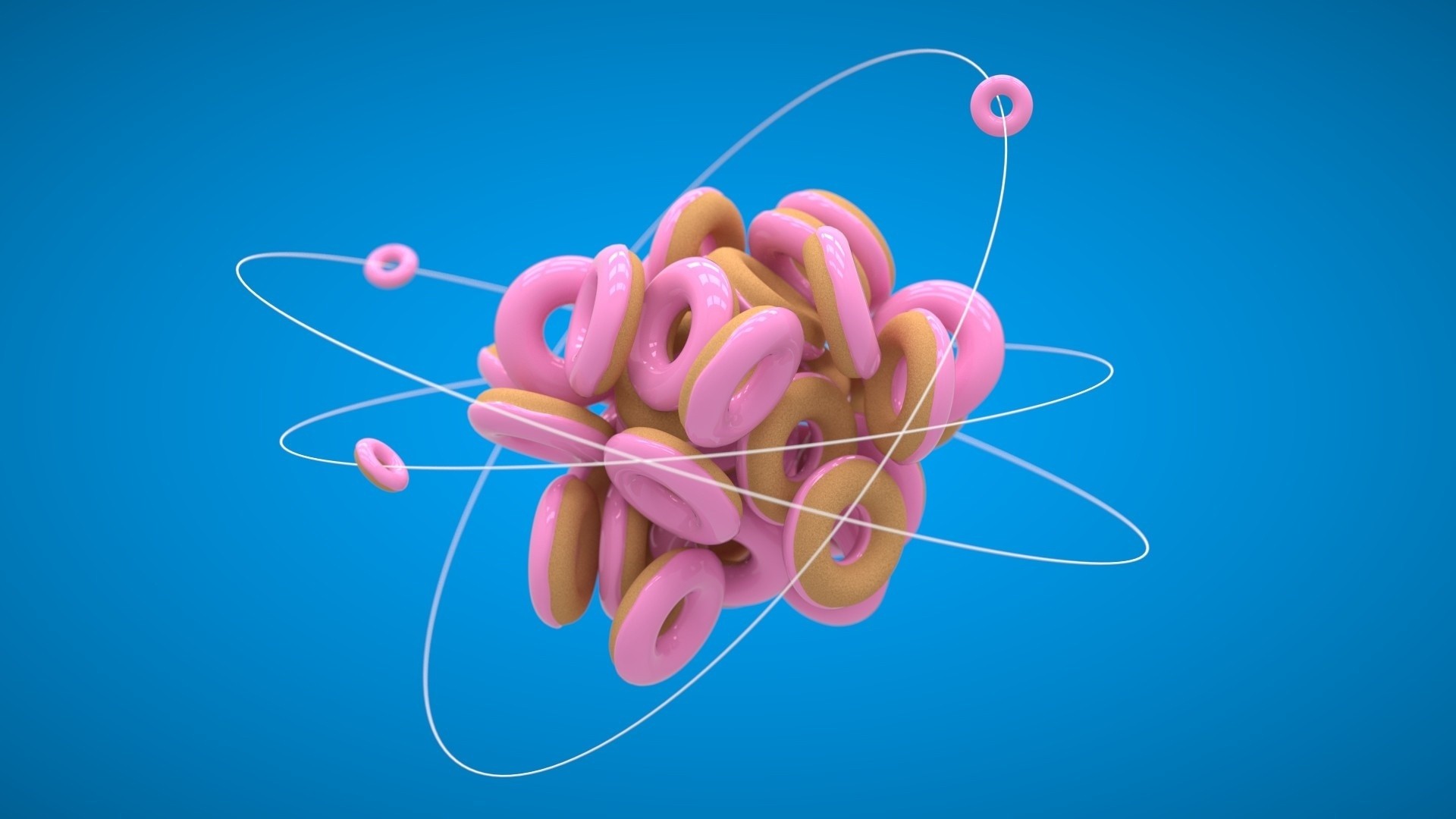 General 1920x1080 donut atoms food sweets simple background blue background lines CGI