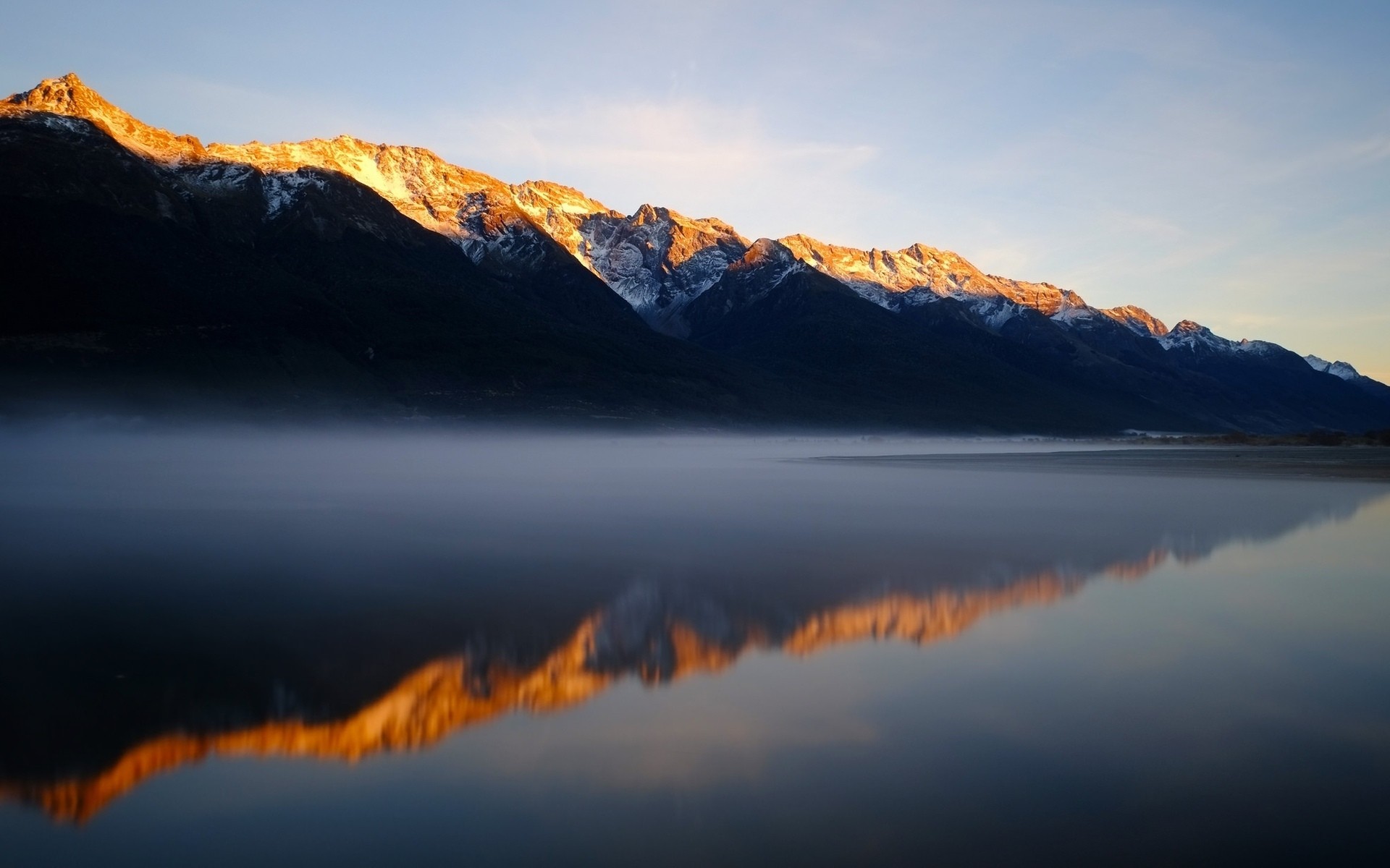 General 1920x1200 nature landscape mist morning mountains sunlight reflection water