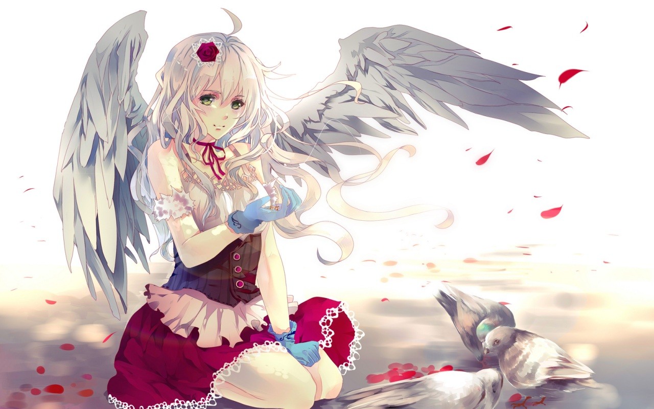 Anime 1280x800 anime girls wings kneeling angel green eyes birds anime