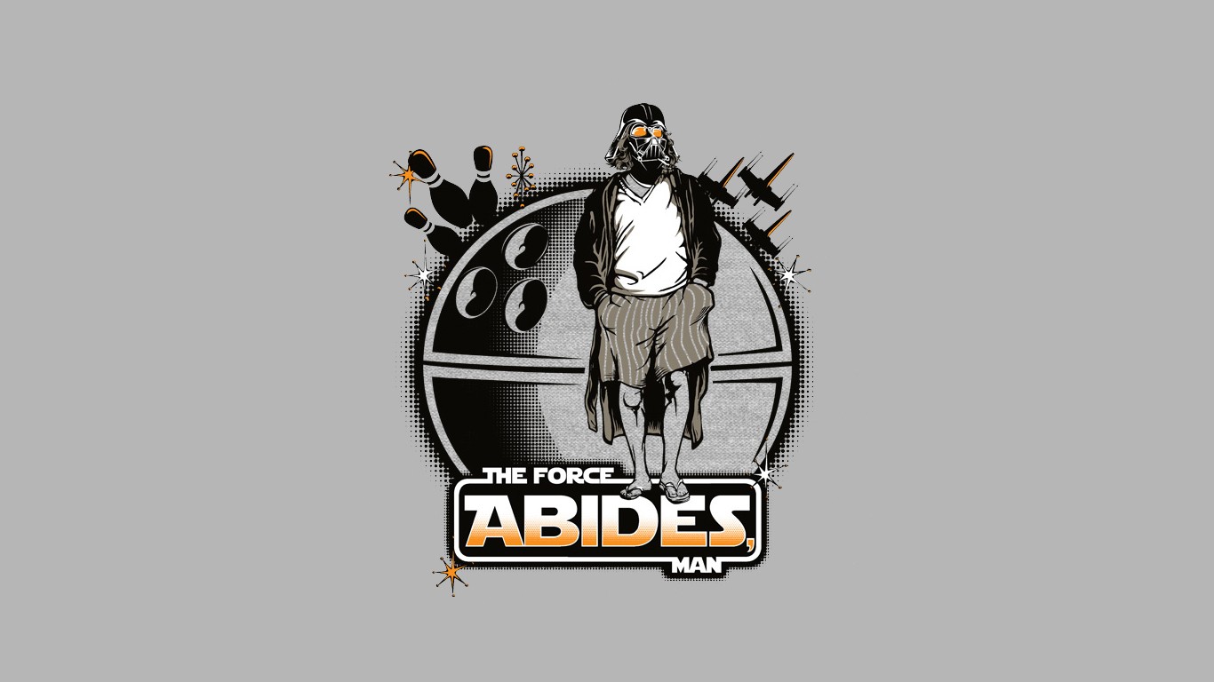 General 1366x768 The Big Lebowski Star Wars crossover The Dude Darth Vader Star Wars Villains simple background gray background Death Star