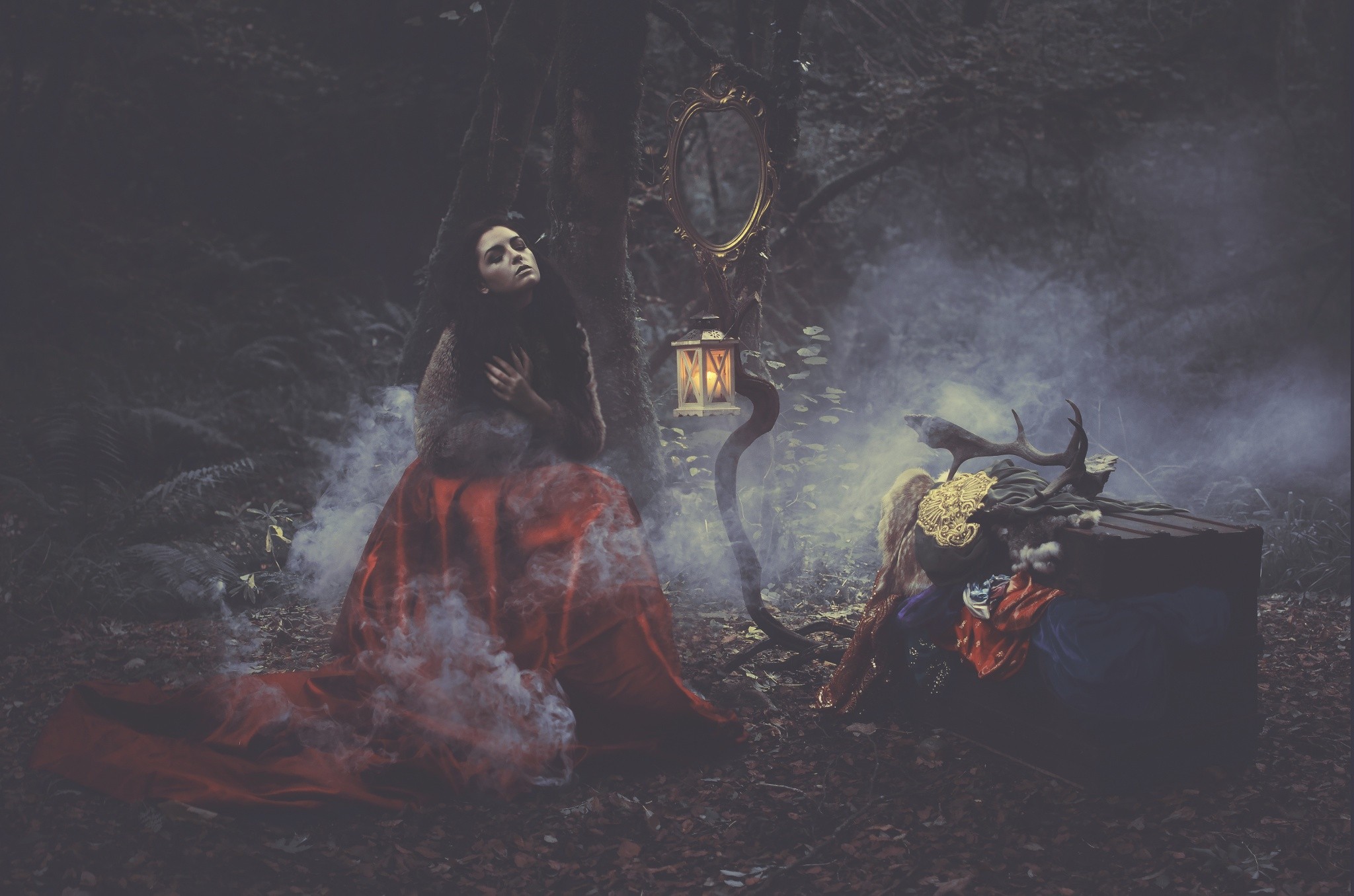 People 2048x1356 women model brunette witch Lisa Griffin fantasy girl closed eyes trees forest women outdoors red clothing red dress sitting lantern smoke
