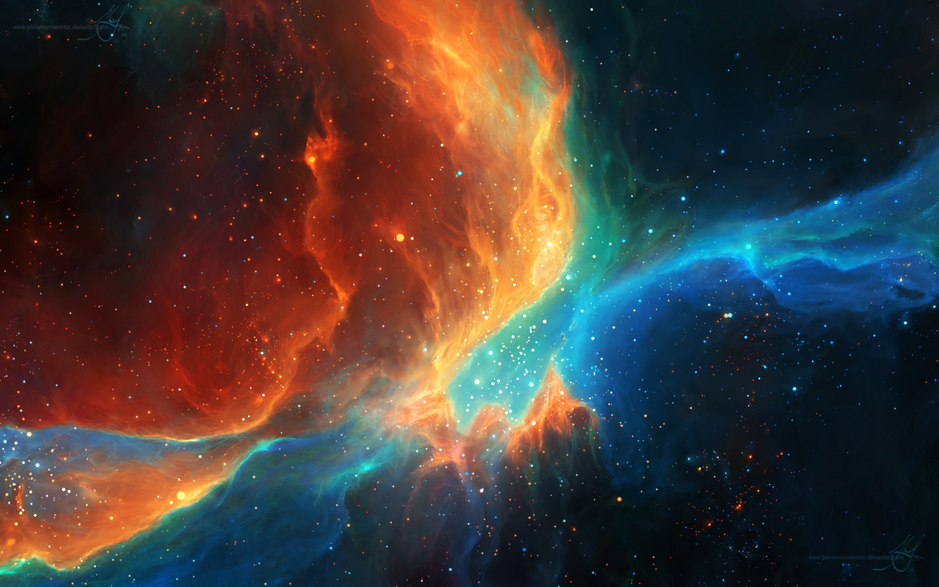 General 1920x1200 space stars CGI TylerCreatesWorlds space art nebula orange cyan DeviantArt digital art