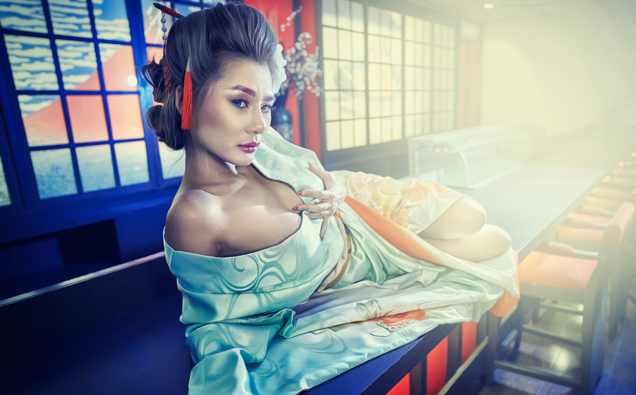 General 2048x1274 drawing geisha women Asian boobs makeup cleavage dark hair women indoors indoors model