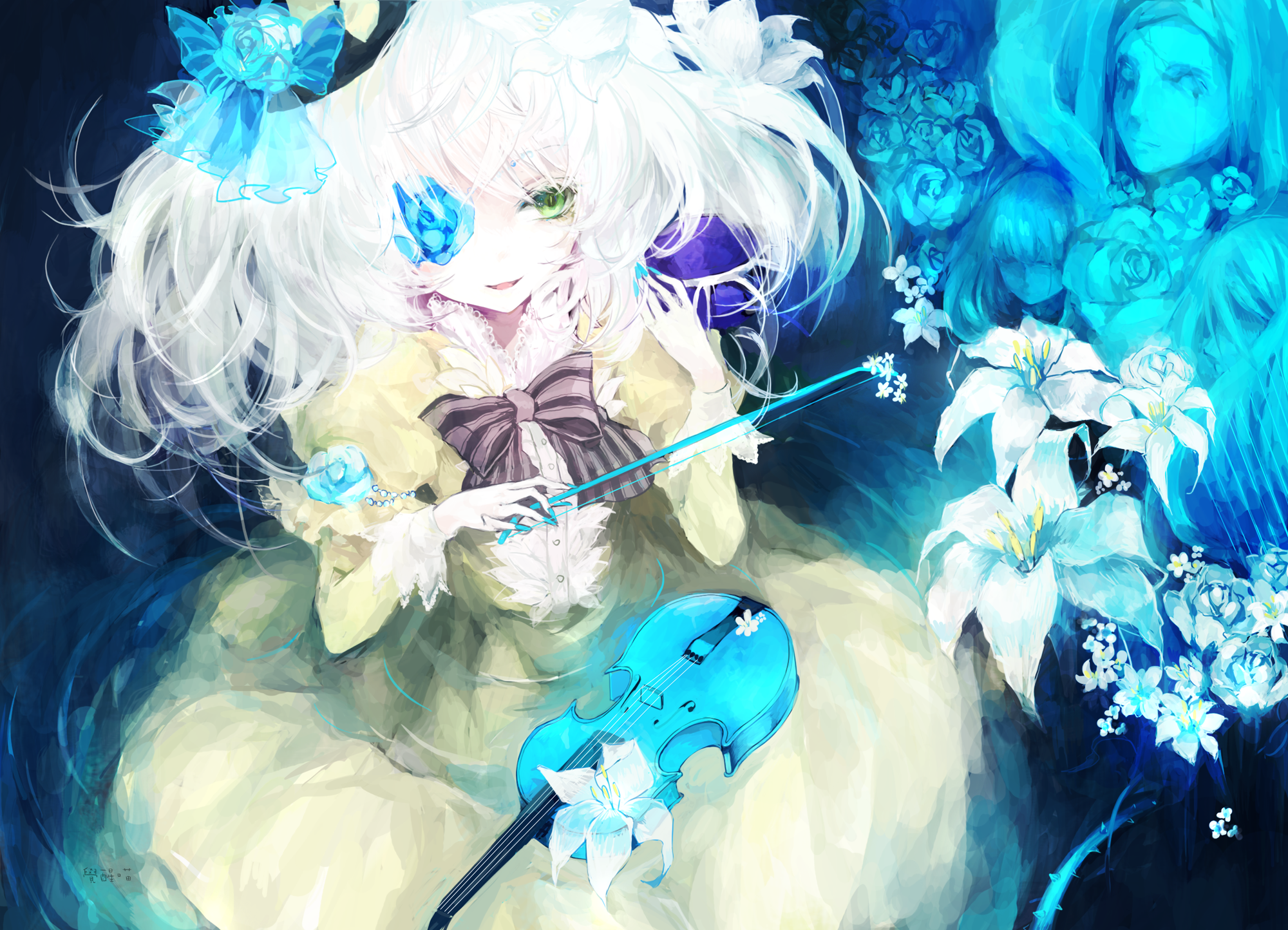 Anime 2000x1444 fantasy art fantasy girl green eyes musical instrument anime anime girls long hair flowers plants violin