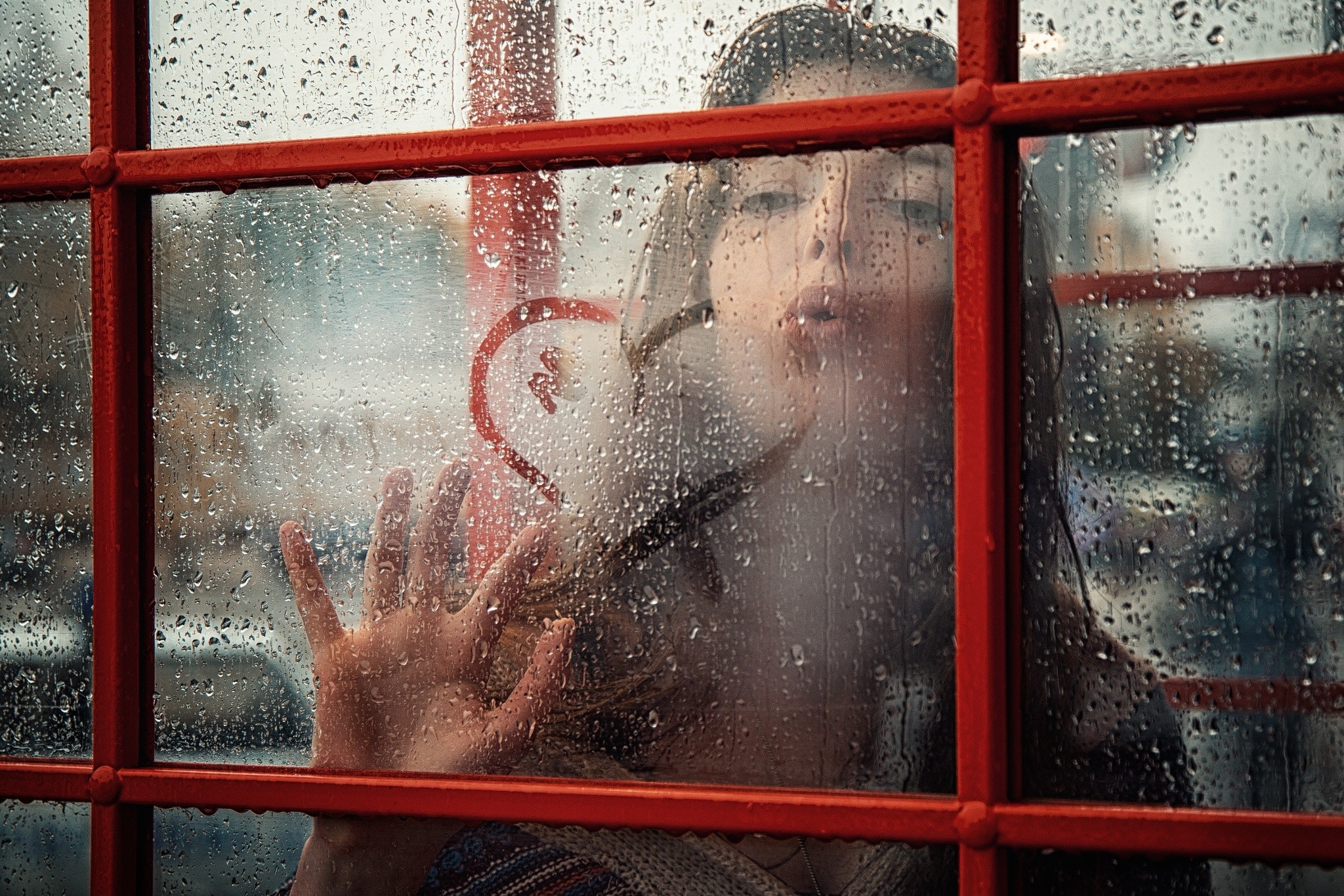 People 2048x1365 women water drops water on glass window behind the glass heart (design) model pouting hands urban