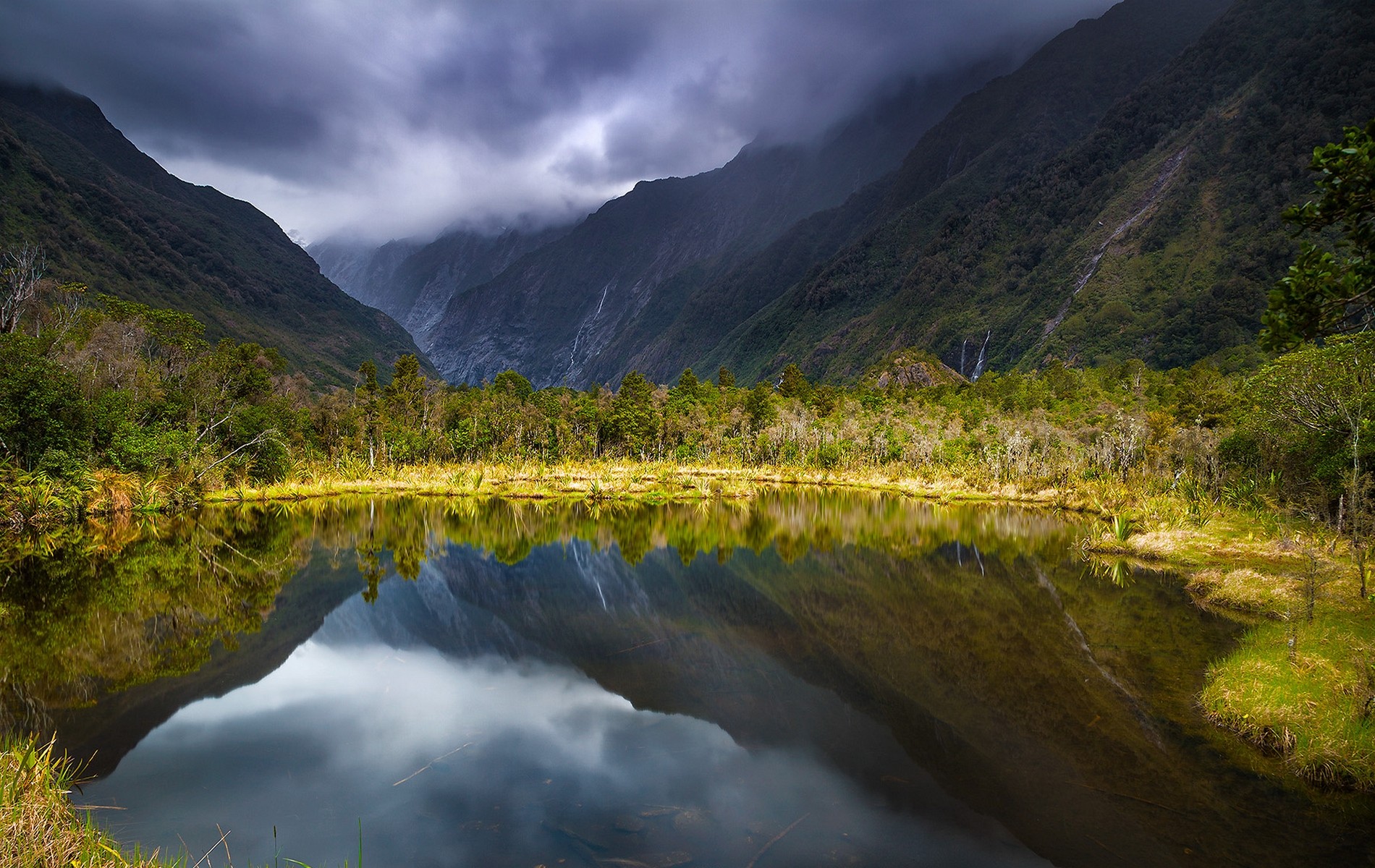 General 1900x1200 nature lake mountains landscape clouds grass shrubs reflection waterfall valley New Zealand