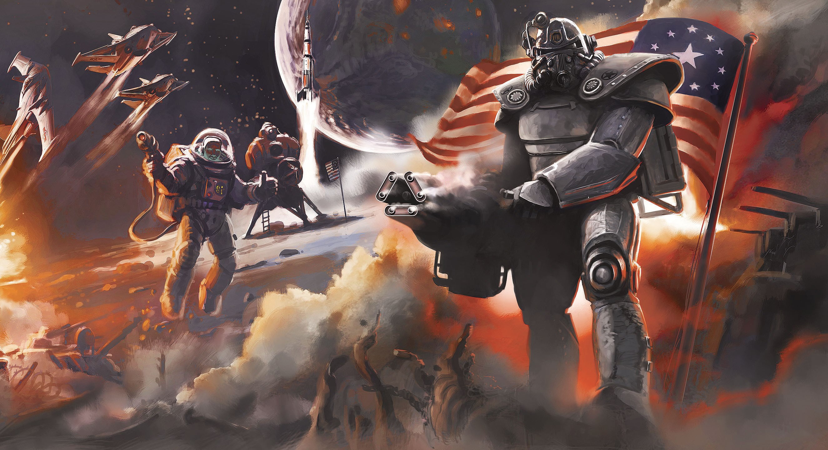 General 2650x1440 Fallout 4 Bethesda Softworks Brotherhood of Steel nuclear apocalyptic video games Fallout power armor PC gaming video game art flag planet space futuristic armor