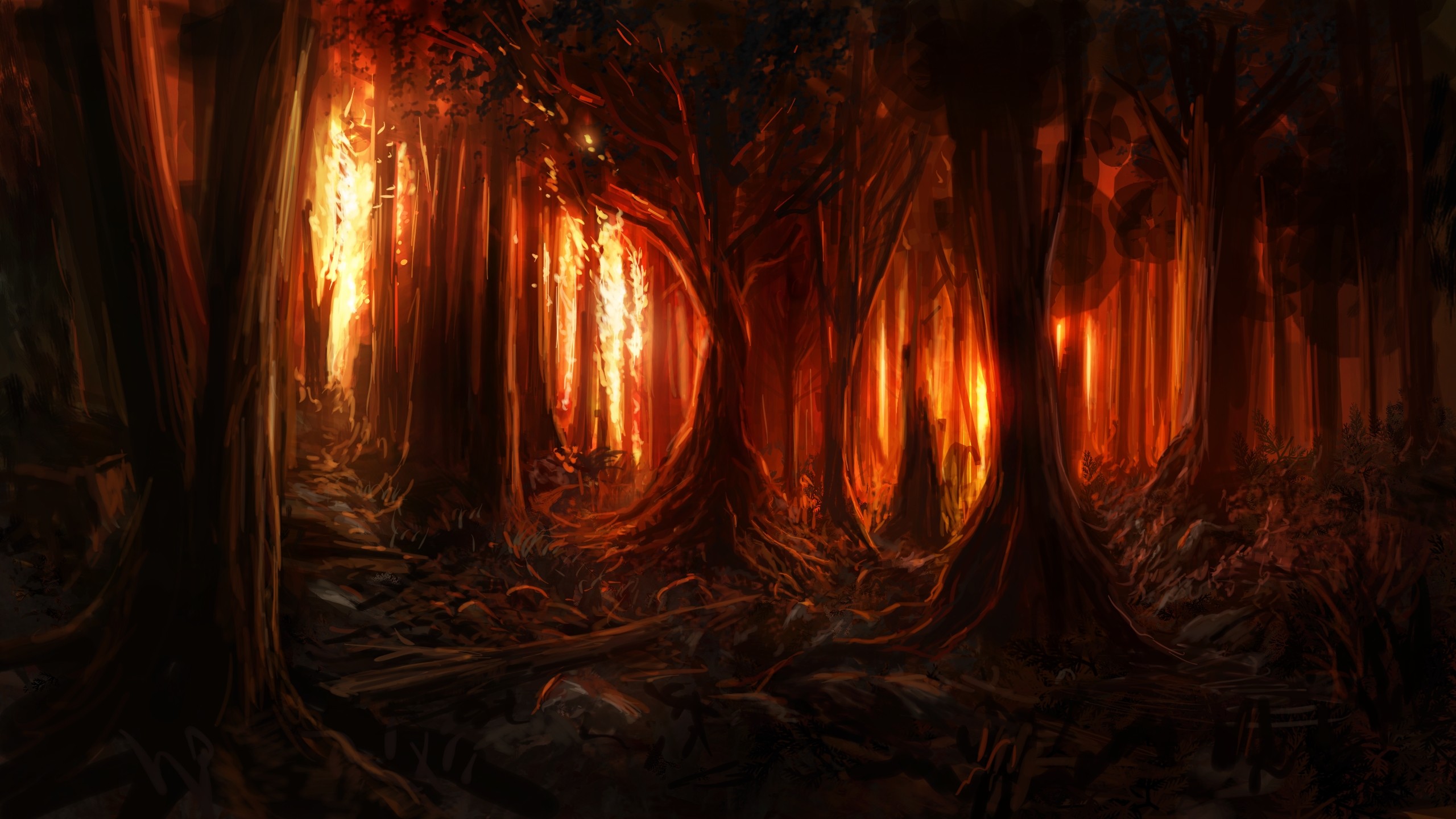 General 2560x1440 digital art nature trees forest painting burning fire wood artwork branch Flame Painter