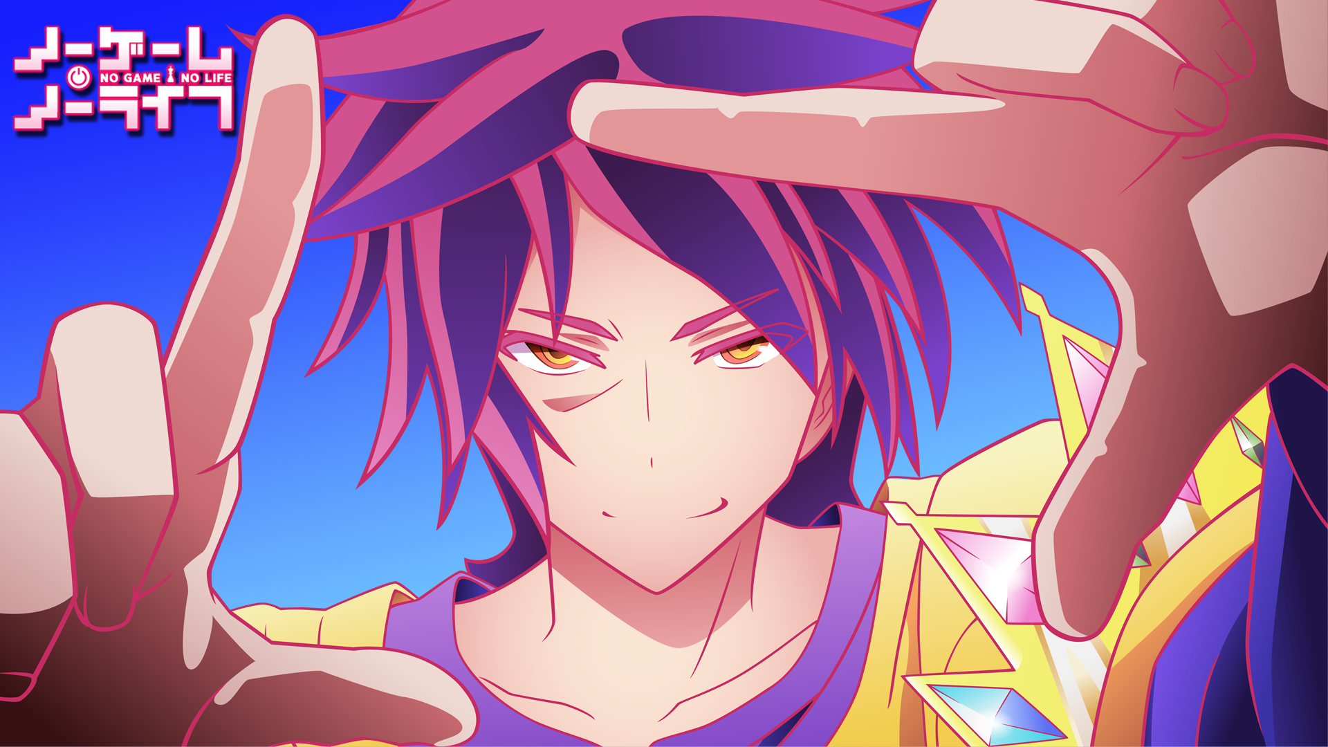 Anime 1920x1080 anime boys anime colorful No Game No Life face yellow eyes glowing eyes hand gesture hands pink hair looking at viewer