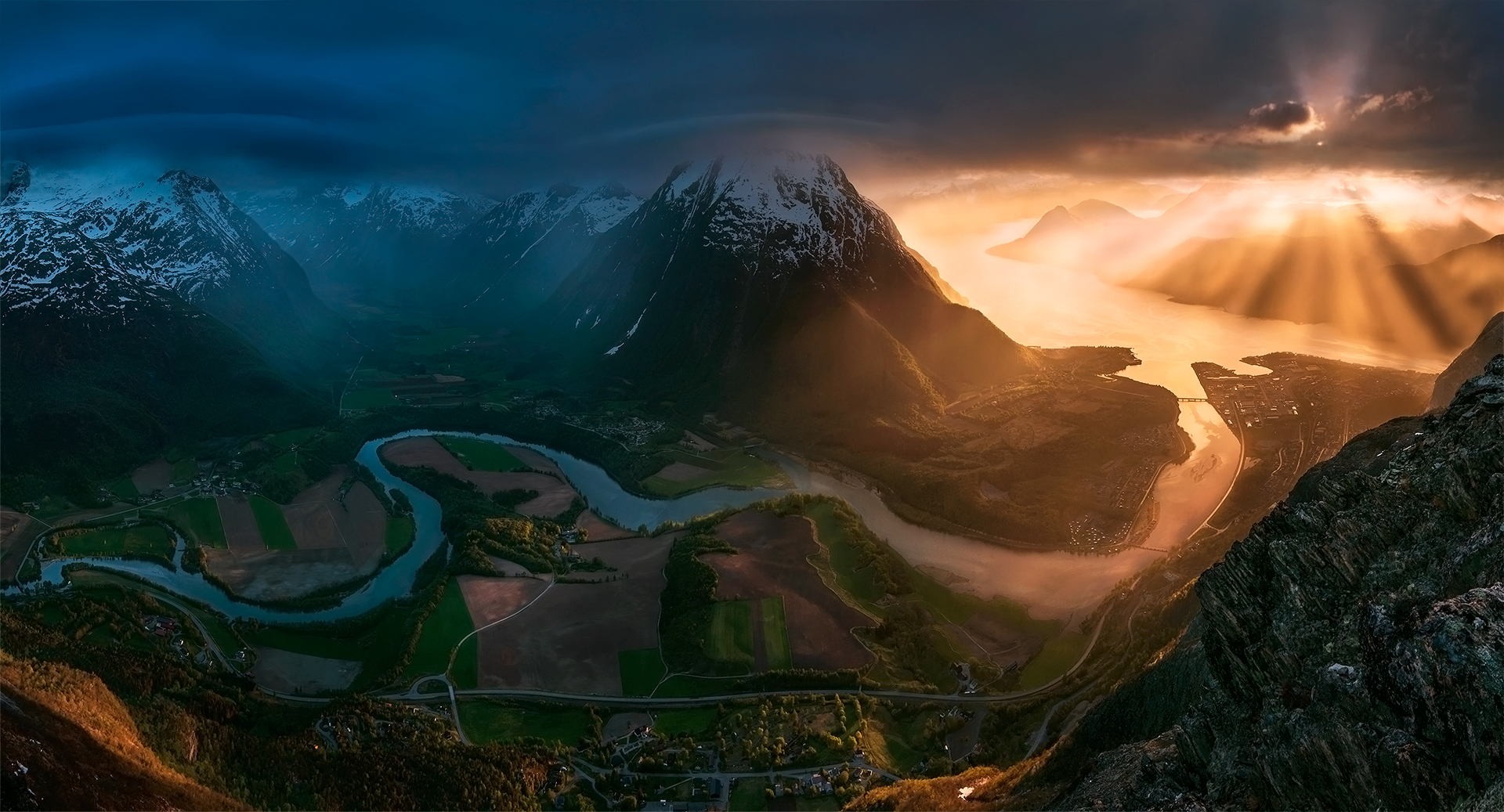 General 1920x1037 landscape Max Rive photo manipulation mountains river nature sunlight sky panorama snowy peak 500px Norway